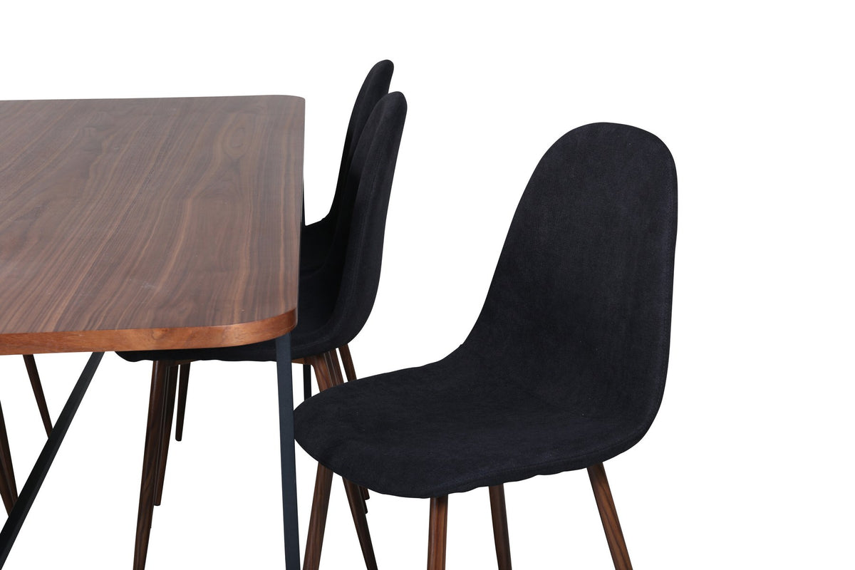 Rechteckiger Esstisch mit Nussbaum-Furnierplatte aus MDF und schwarzem Stahluntergestell, umgeben von sechs gepolsterten Polar Stühlen mit schwarzem Polyesterbezug.
