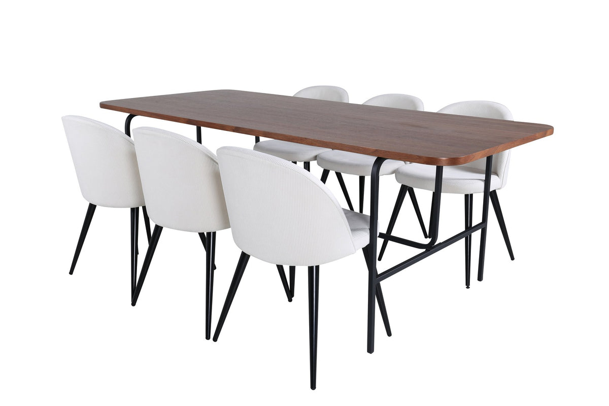 Rechteckiger Esstisch mit Nussbaum-MDF-Platte und Stahlgestell, kombiniert mit Esszimmerstühlen mit Creme Polyester-Cord-Bezug und Stahlbeinen.