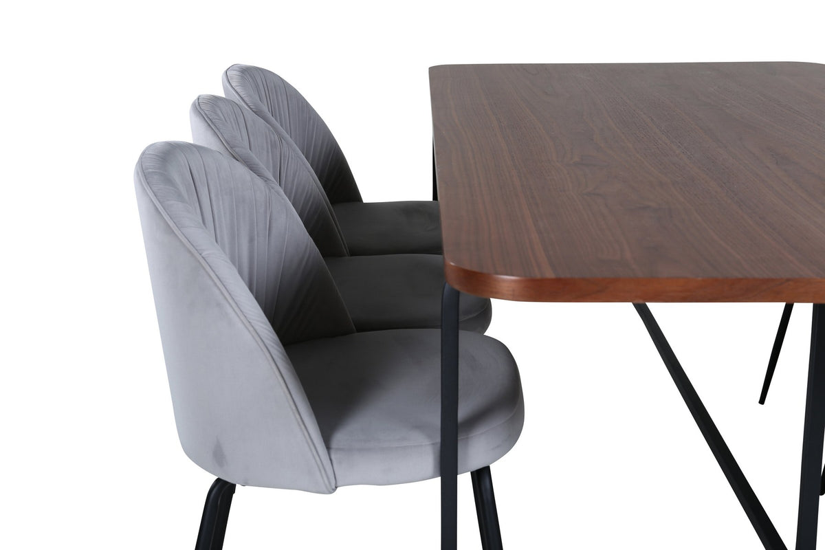 Esszimmerset Uno mit rechteckigem MDF-Tisch in Nussbaum-Furnier und schwarzem Stahlgestell, sechs Wrinkles Stühle mit grauem Samtbezug.