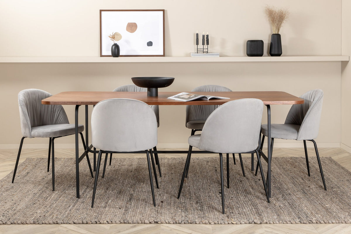 Esszimmerset Uno mit rechteckigem MDF-Tisch in Nussbaum-Furnier und schwarzem Stahlgestell, sechs Wrinkles Stühle mit grauem Samtbezug.