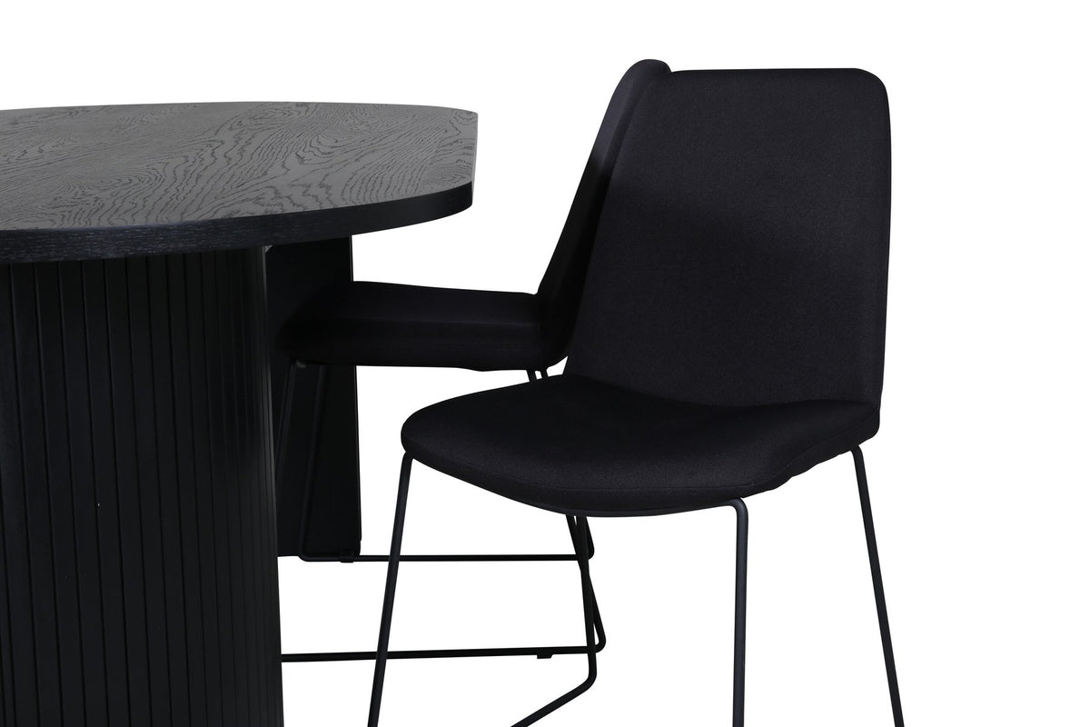 Schwarzes Bartischset Bianca mit vier Muce-Stühlen, Tischplatte aus MDF mit Furnier, Stuhlbeine aus schwarzem Metall, Sitz aus Polyester.
