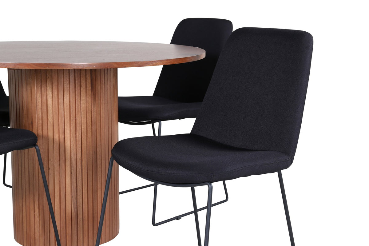 Schwarzes Bartischset Bianca mit vier Muce-Stühlen, Tischplatte aus MDF mit Furnier, Stuhlbeine aus schwarzem Metall, Sitz aus Polyester.