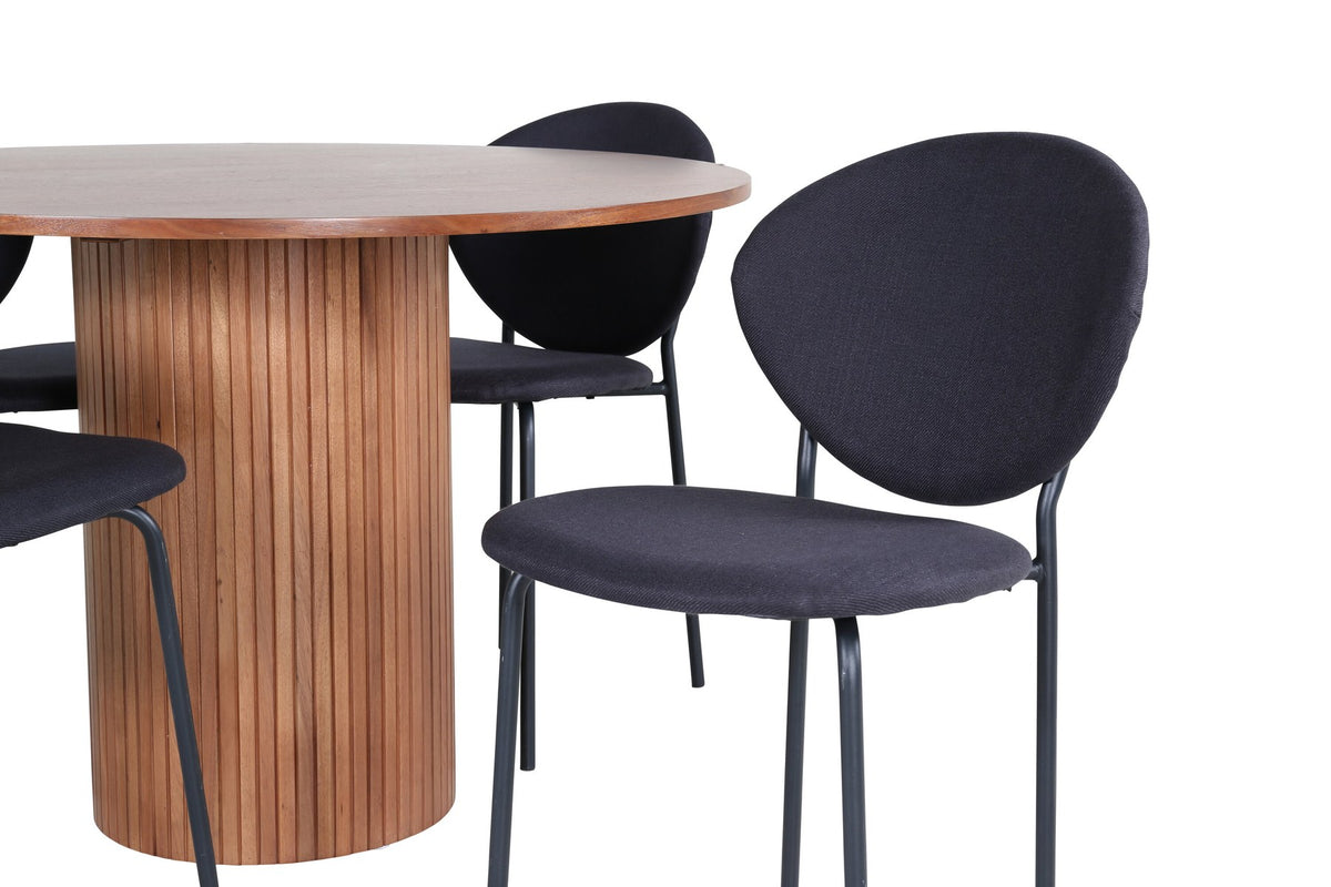 Schwarzes Bartischset Bianca mit rundem MDF-Tisch auf Stahlgestell und vier ovalen Vault-Stühlen mit Polsterkissen