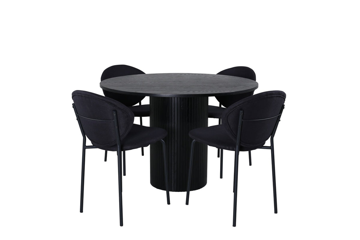 Schwarzes Bartischset Bianca mit rundem MDF-Tisch auf Stahlgestell und vier ovalen Vault-Stühlen mit Polsterkissen