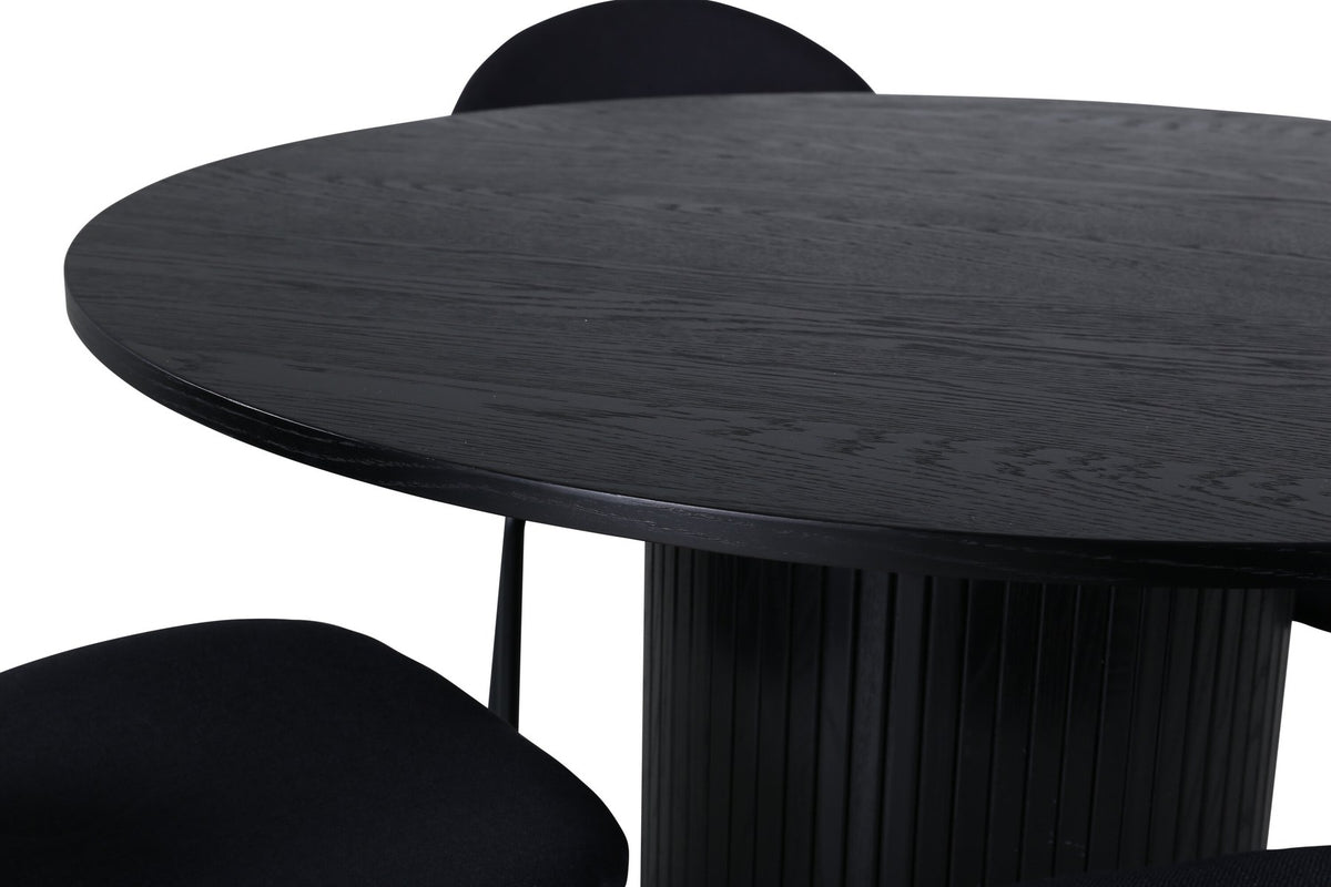 Schwarzes Bartischset Bianca mit rundem MDF-Tisch auf Stahlgestell und vier ovalen Vault-Stühlen mit Polsterkissen
