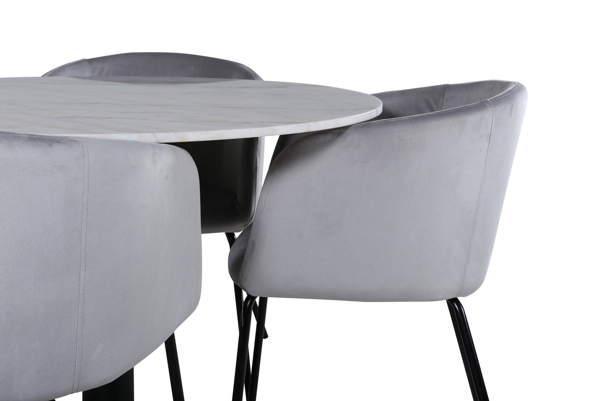 Rundes Bartischset Estelle mit weisser Tischplatte auf zylindrischem Metallgestell und zwei Stühlen Berit mit grauem Samtbezug und schwarzen Eisenbeinen.