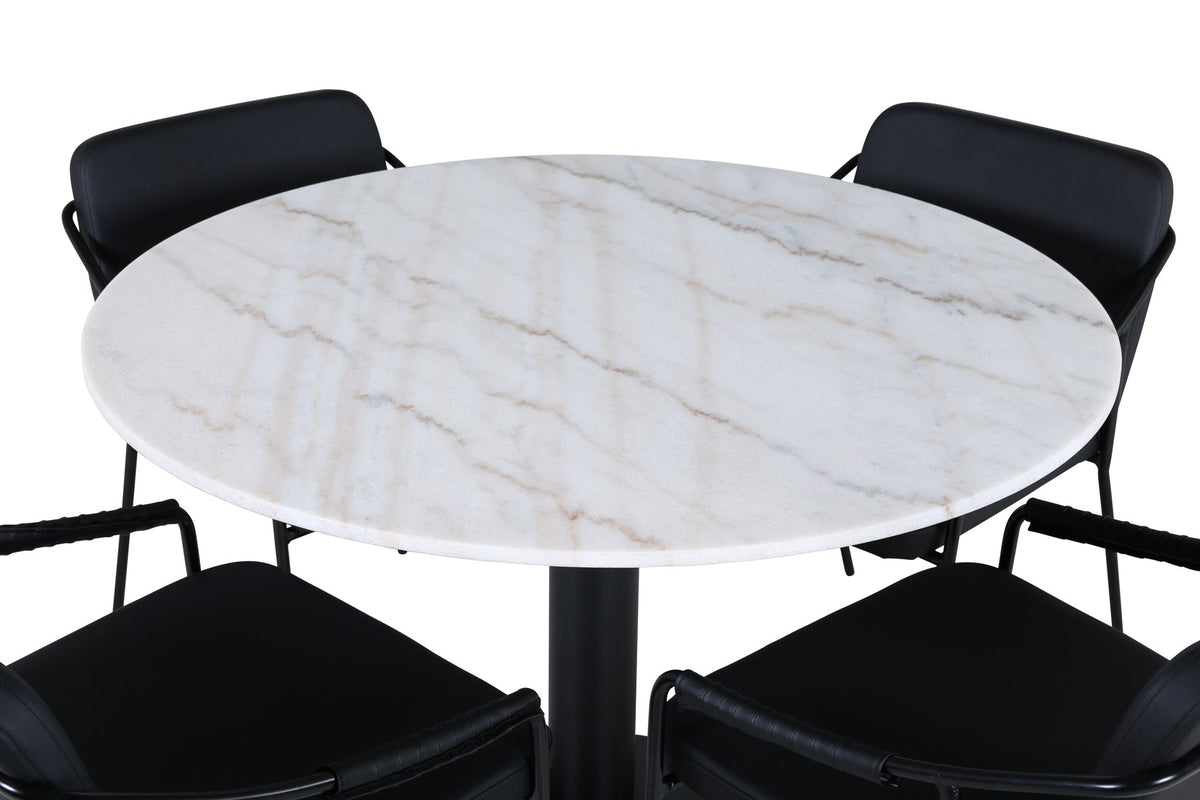 Rundes Esszimmerset mit weisser Marmor-Optik-Tischplatte ⌀106 cm und zwei schwarzen Stühlen mit Pulverbeschichtung und Eisenbeinen von Venture Home.