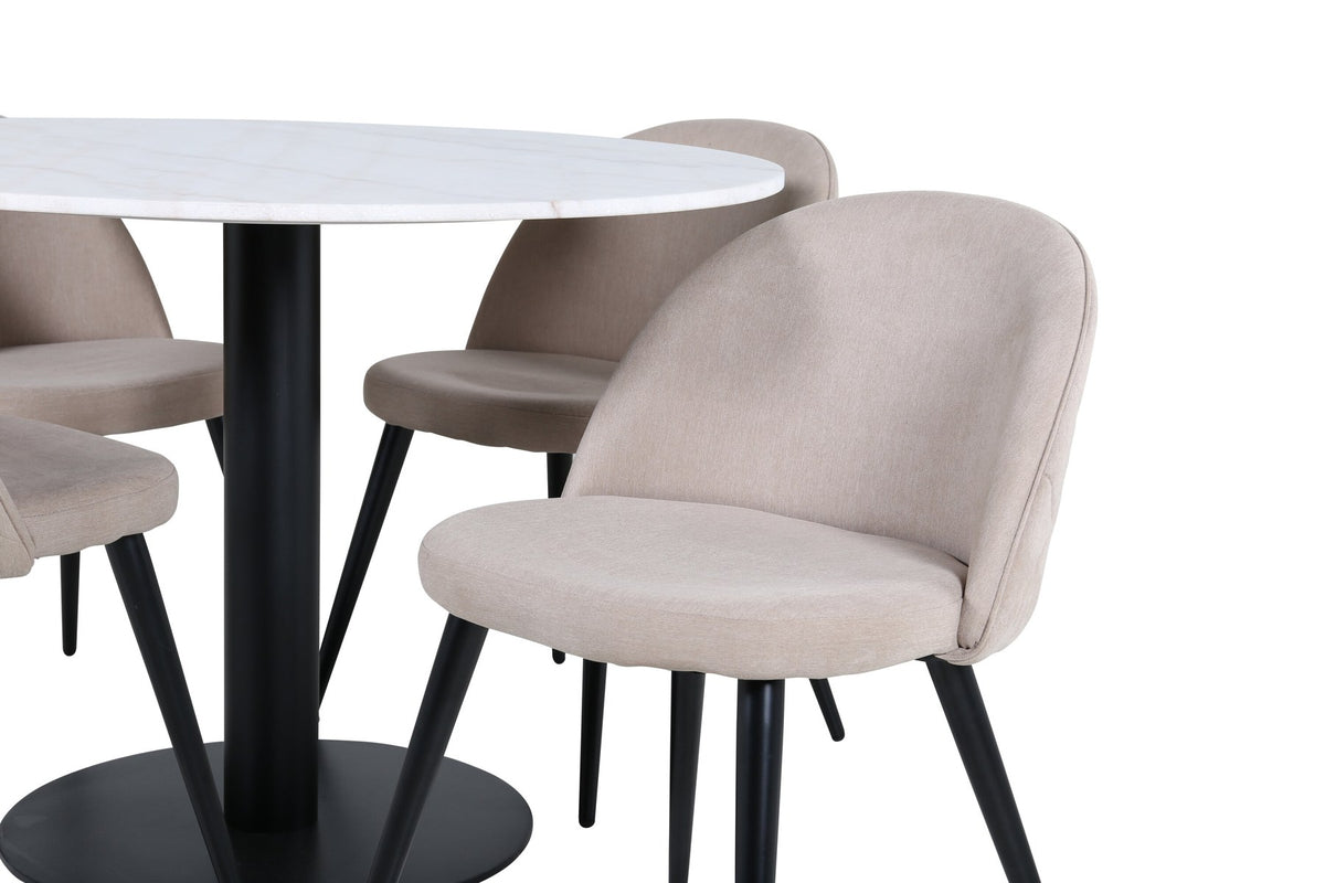 Rundes Esszimmerset mit weisser Marmor-Tischplatte ⌀106 cm und zwei gepolsterten Stühlen in Beige mit schwarzen Metallbeinen.
