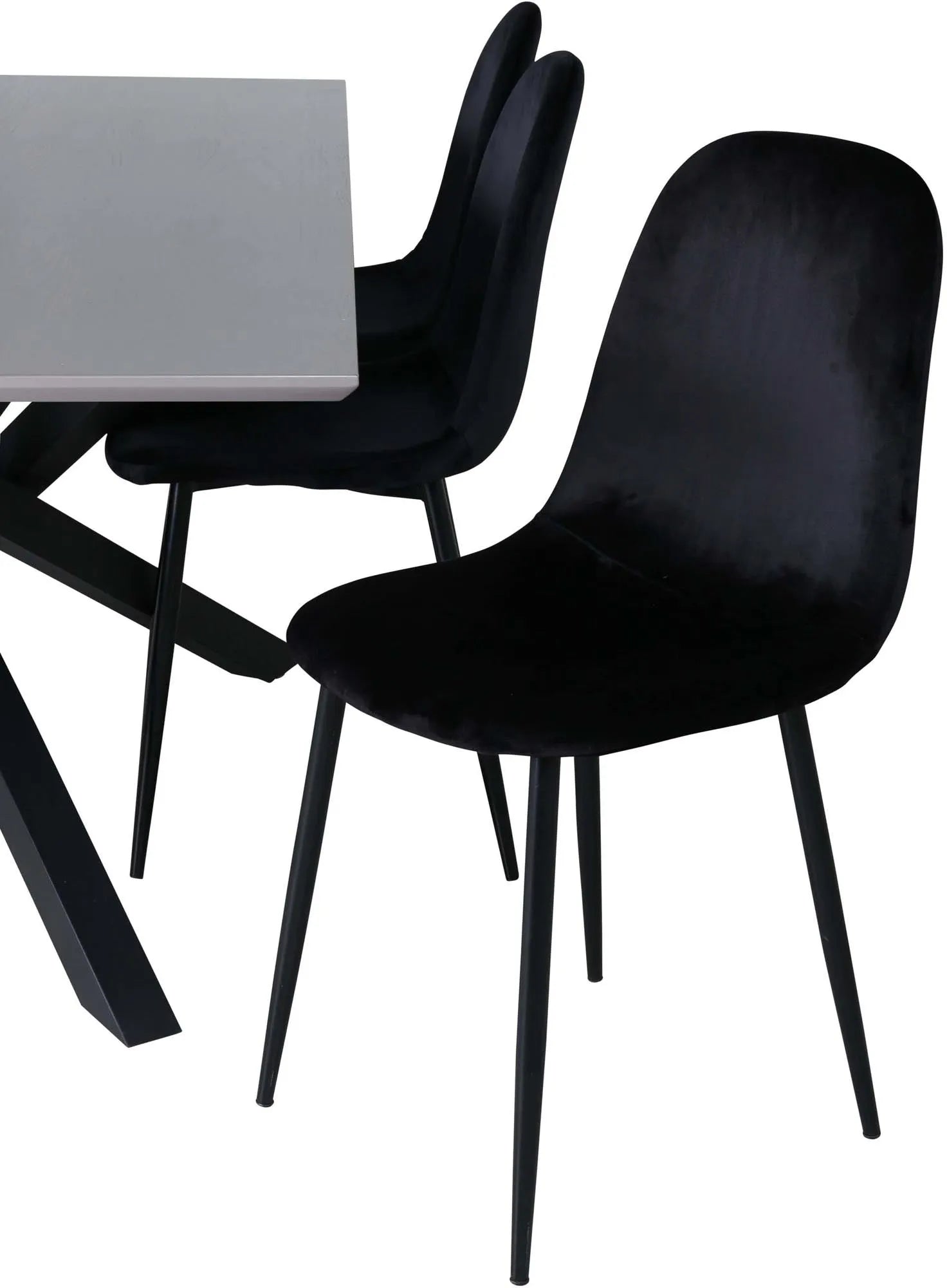Elegantes Esszimmerset mit grauem Tisch und schwarzen Samtstühlen für stilvolle, gesellige Runden.