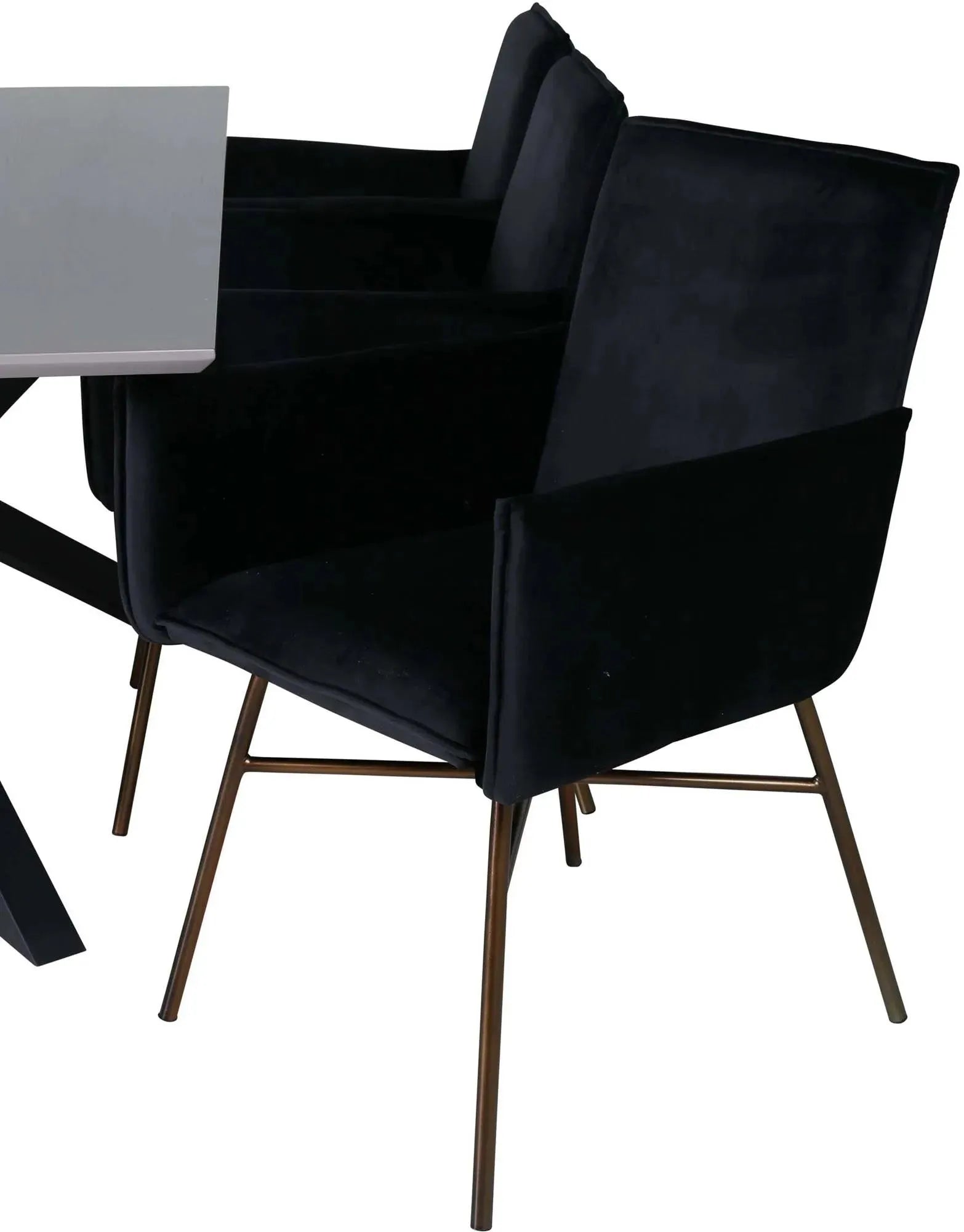 Elegantes Esszimmerset mit schwarzem Tisch und Samtstühlen für stilvolle Abende.
