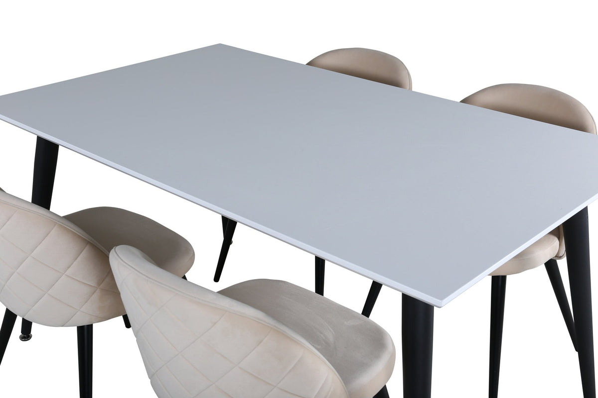 Esszimmerset Jimmy mit weisser HPL-Tischplatte, schwarzen Metallbeinen und vier Velvet Stühlen mit beigem Samtbezug und Ziernaht.