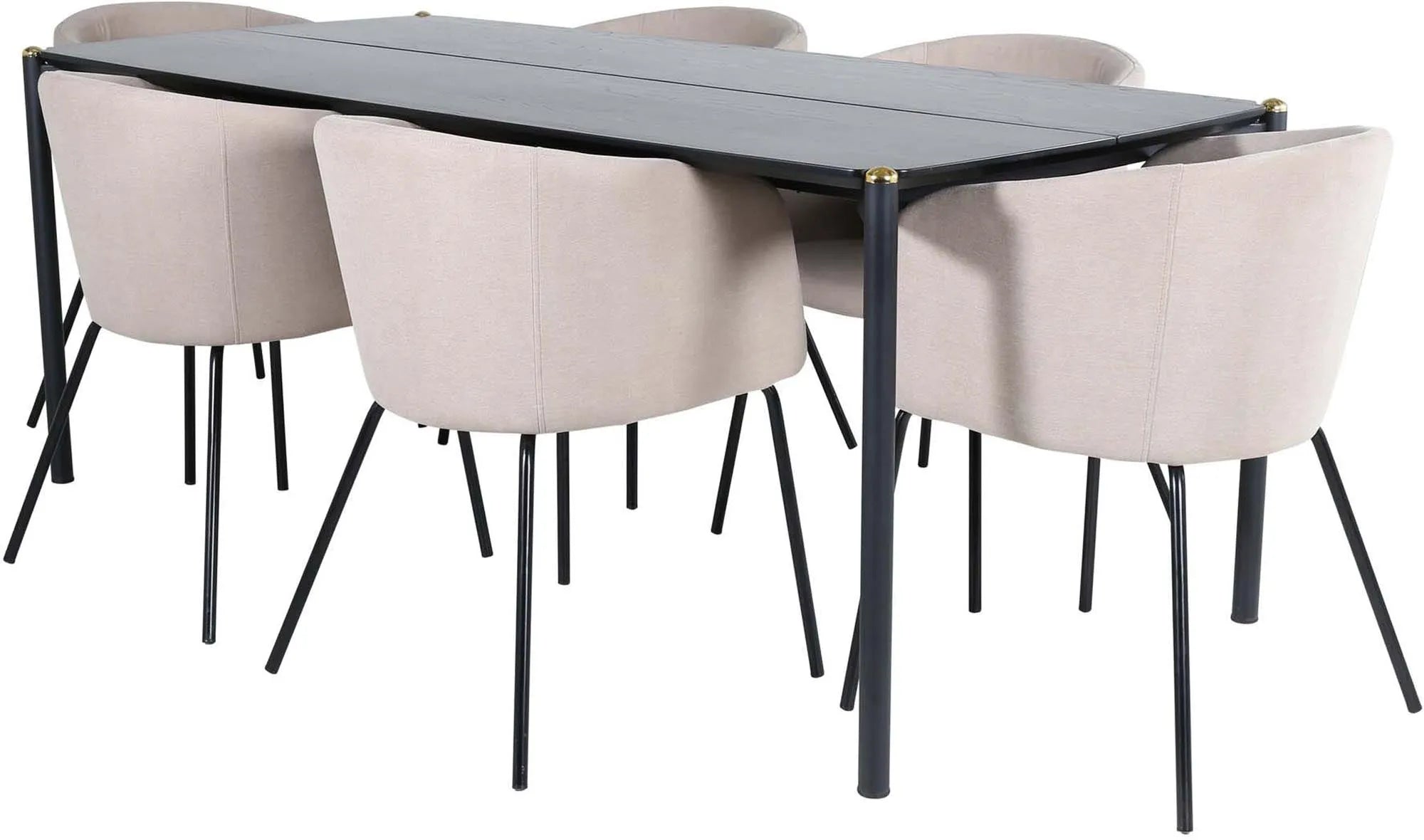 Elegantes Pelle Esszimmerset von Venture Home: Schwarzer MDF-Tisch mit Messingdetails, 6 bequeme Berit-Stühle in beigem Polyesterleinen.