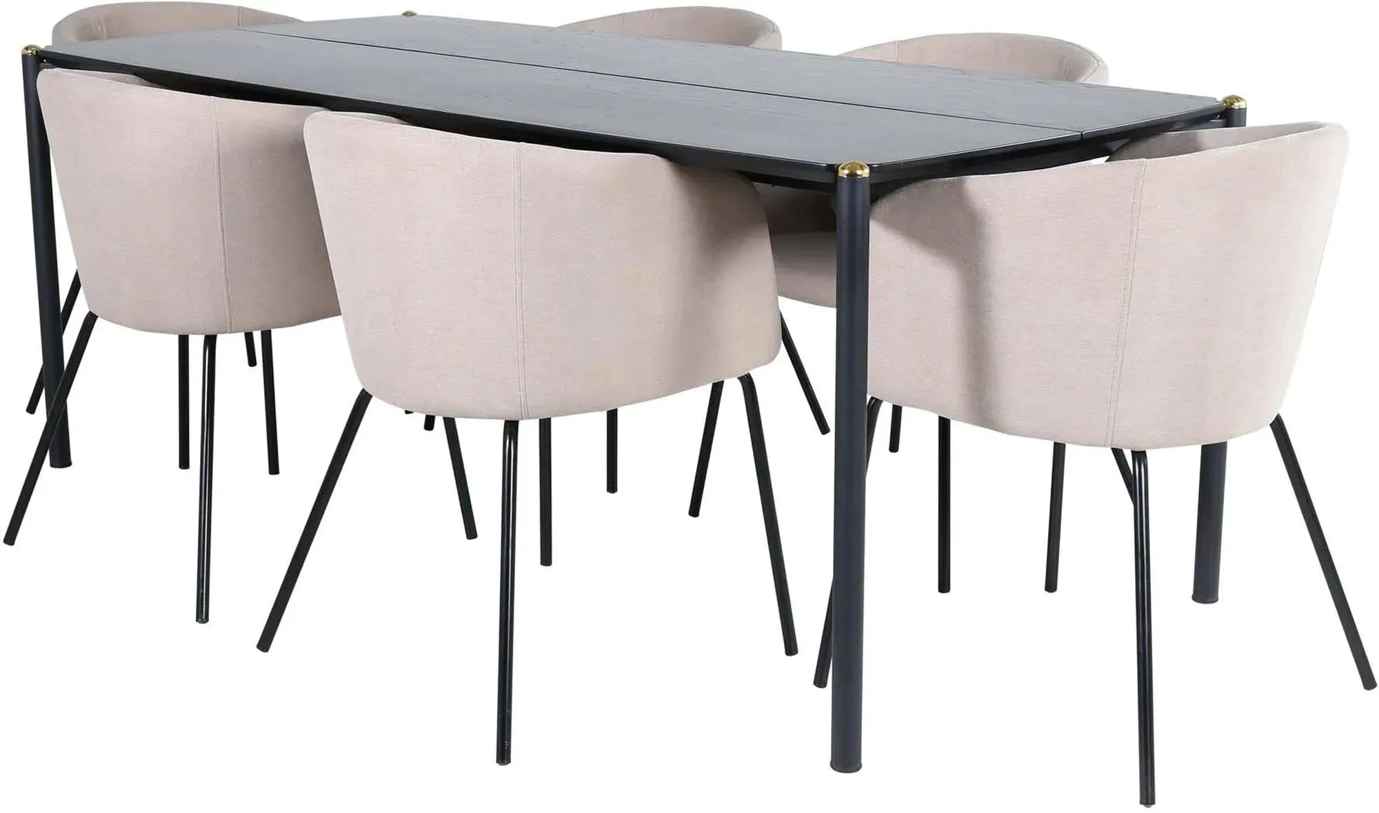 Elegantes Pelle Esszimmerset von Venture Home: Schwarzer MDF-Tisch mit Messingdetails, 6 bequeme Berit-Stühle in beigem Polyesterleinen.