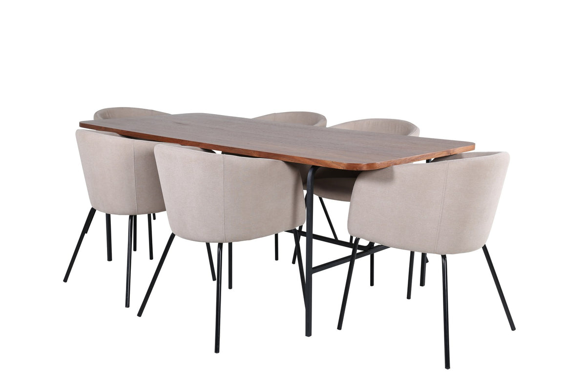 Esstisch mit Platte aus MDF und Walnussfurnier, schwarzem Metallgestell, kombiniert mit sechs Berit-Stühlen aus beigem Samtstoff und schwarzen Beinen.