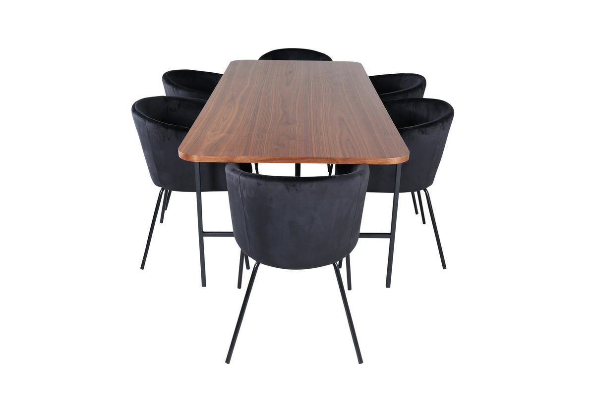 Esstisch mit Platte aus MDF und Walnussfurnier, schwarzem Metallgestell, kombiniert mit sechs Berit-Stühlen aus beigem Samtstoff und schwarzen Beinen.