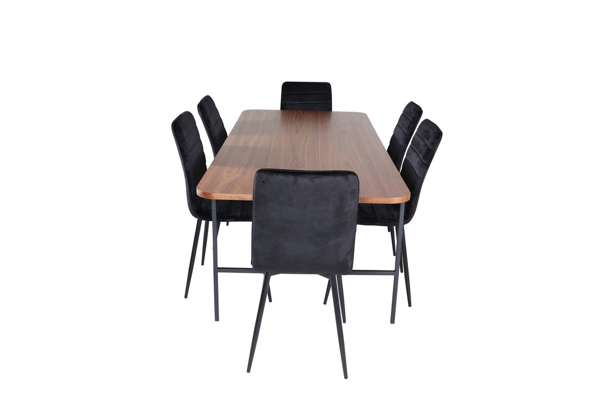 Esszimmerset Uno und Windu von Venture Home: rechteckiger Tisch mit Nussbaum-Tischplatte aus MDF und Furnier, sechs Stühle mit schwarzem Samtbezug
