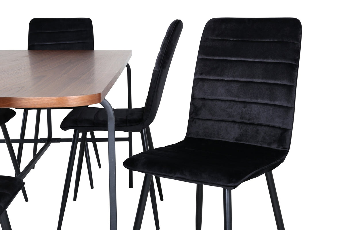 Esszimmerset Uno und Windu von Venture Home: rechteckiger Tisch mit Nussbaum-Tischplatte aus MDF und Furnier, sechs Stühle mit schwarzem Samtbezug