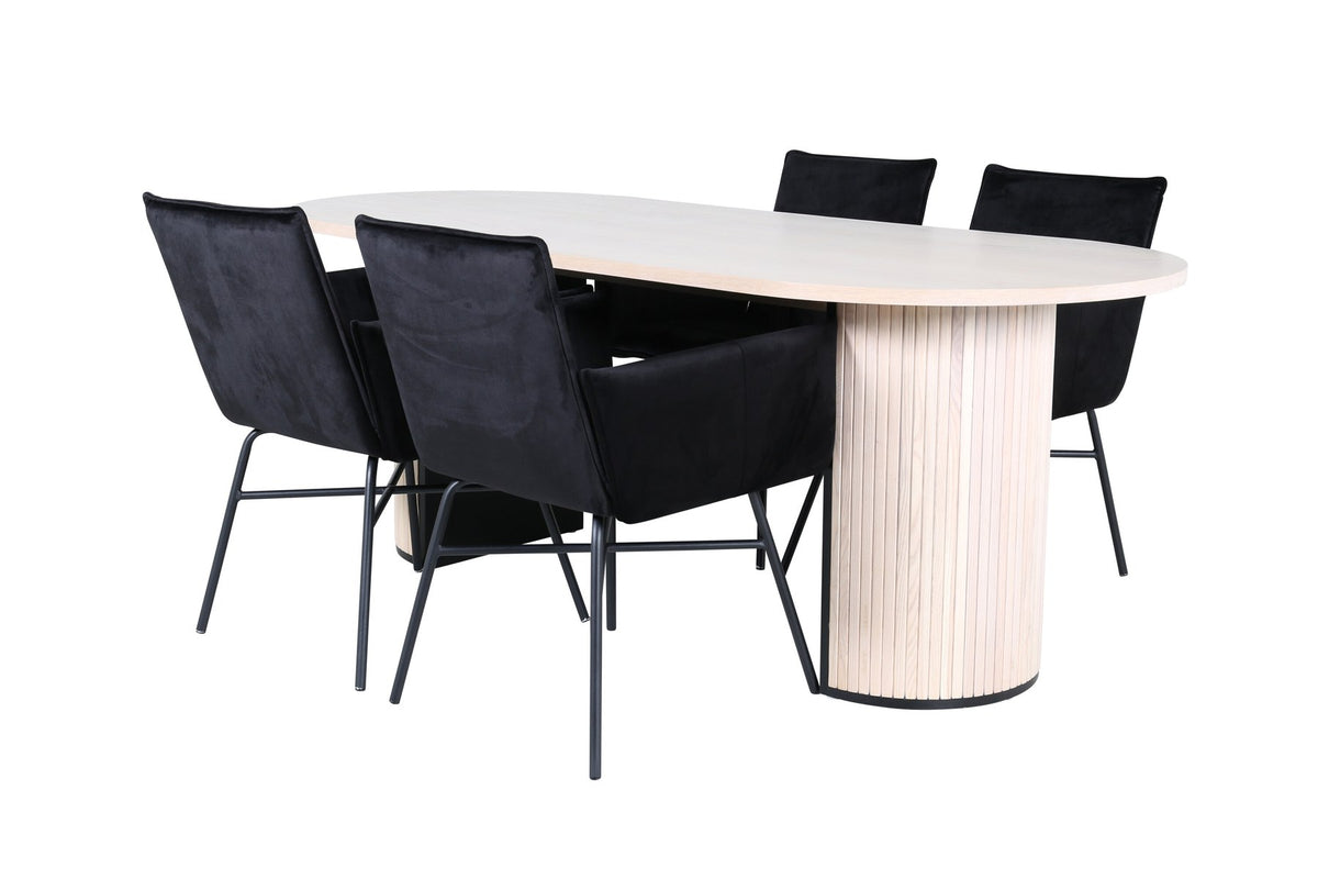 Schwarzer Esszimmerstuhl mit Pulverbeschichtung und ovaler Esstisch mit Whitewash-Tischplatte aus MDF, Set von Venture Home.
