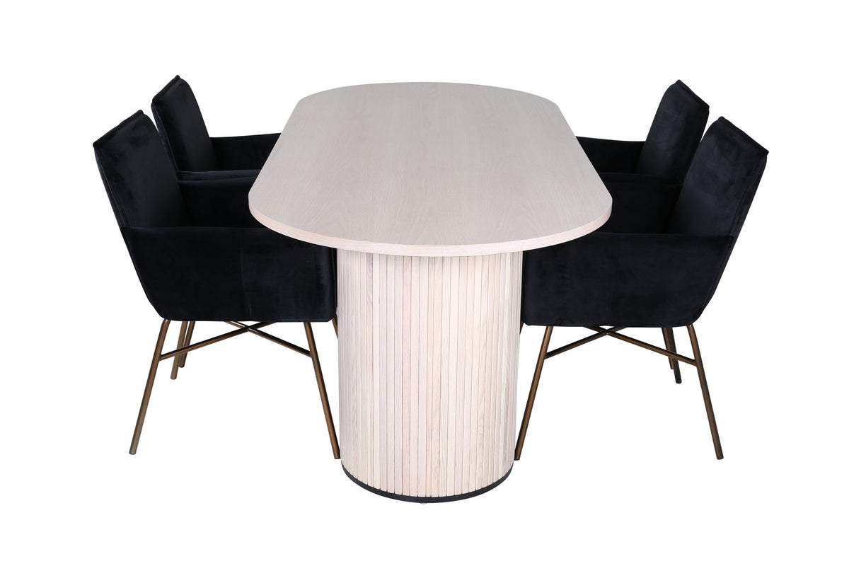 Schwarzer Esszimmerstuhl mit Pulverbeschichtung und ovaler Esstisch mit Whitewash-Tischplatte aus MDF, Set von Venture Home.