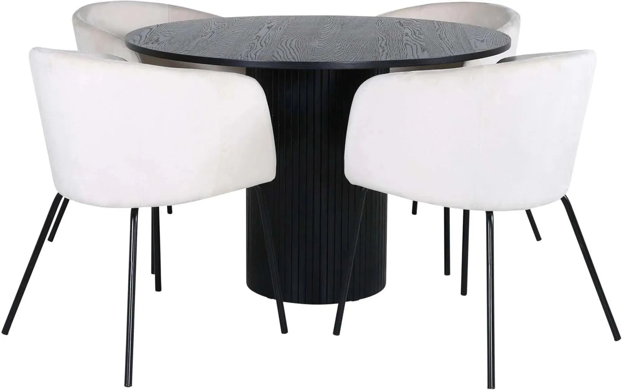 Elegantes Esszimmerset: Runder Tisch mit schwarzer MDF-Platte, 4 Samtstühle in Beige, ideal für stilvolle Dinner.