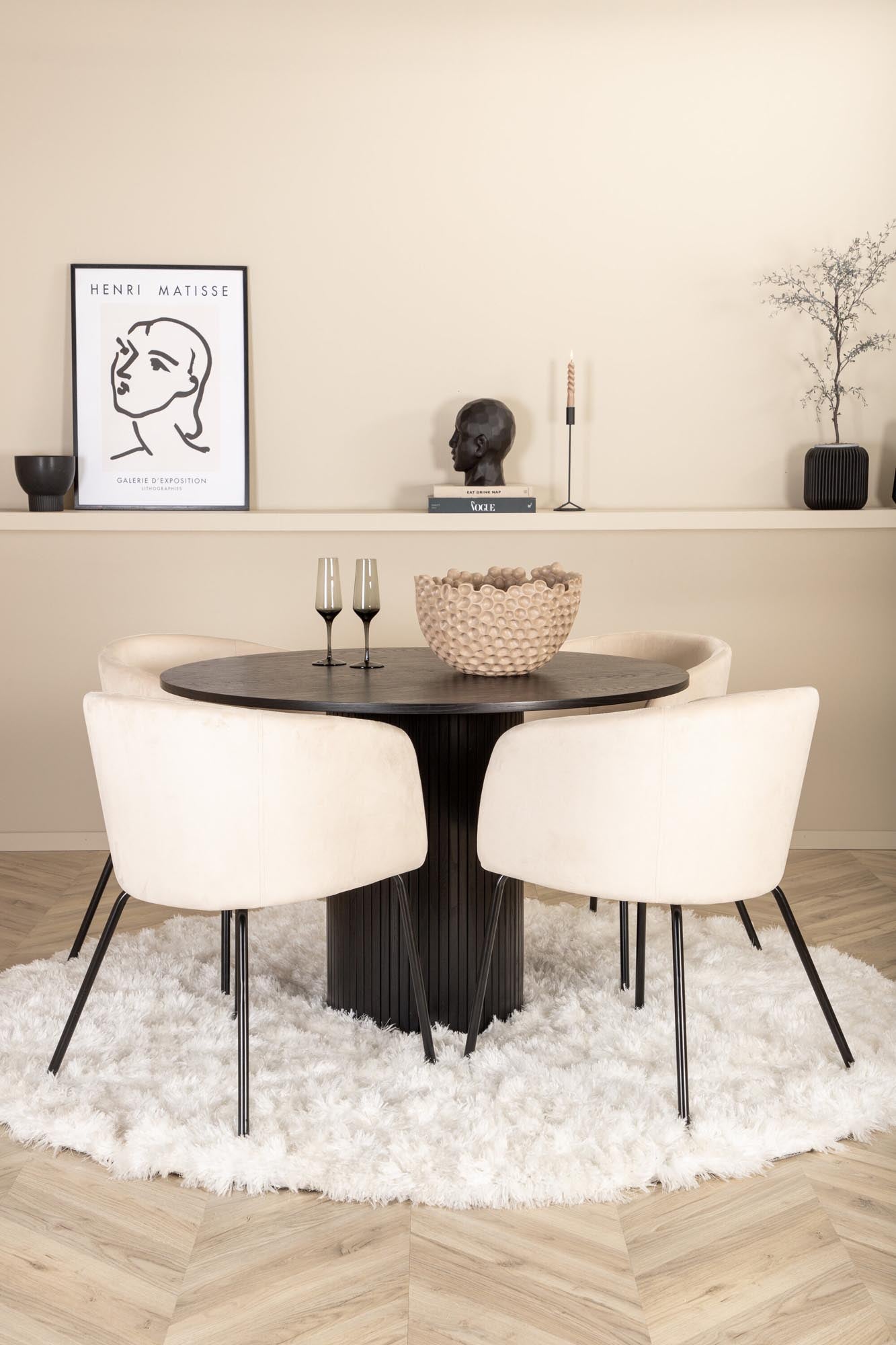 Modernes Esszimmerset: Runder Tisch mit pflegeleichter MDF-Oberfläche und 4 luxuriösen Samtstühlen in Beige, perfekt für gesellige Abende.
