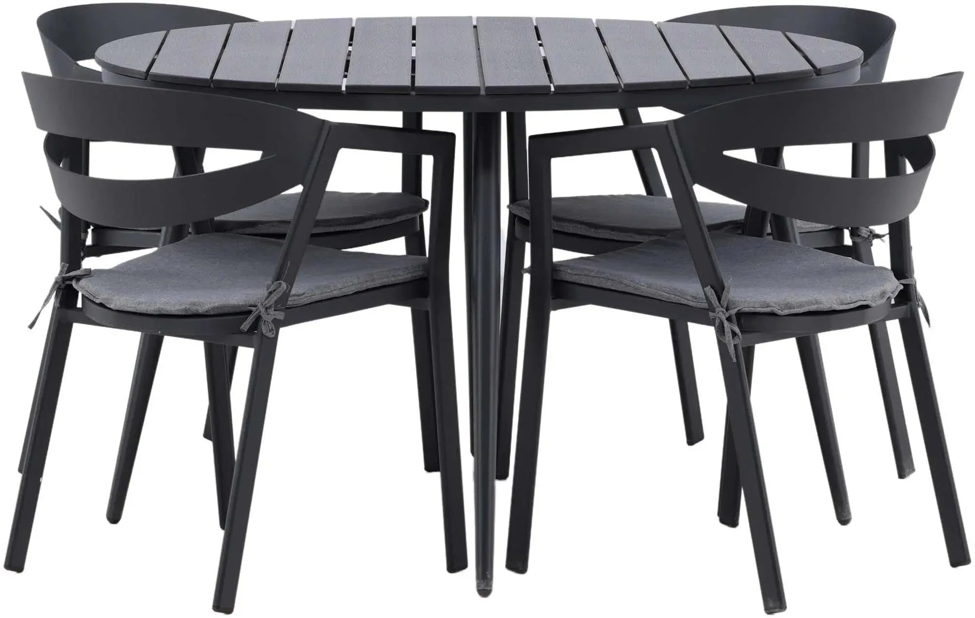 Stilvolles Outdoor-Tischset von Venture Home: Nordisches Design, wetterfestes Aluminium, komfortable Kunstrattan-Stühle.