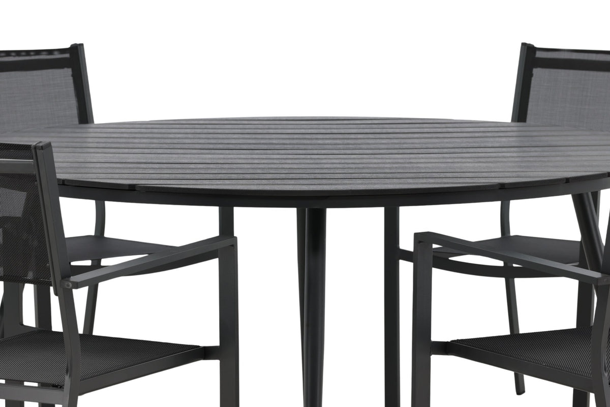 Runder schwarzer Gartentisch aus Aintwood mit Aluminiumgestell und zwei stapelbaren Stühlen mit Textilene-Bezug im Aussenbereich.