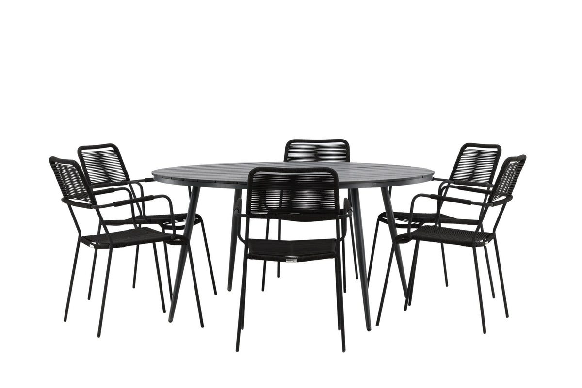 Rundes Gartentischset aus Aintwood und Aluminium in Schwarz mit zwei Stühlen mit Seilbespannung und Armlehnen, Serie Break & Lindos.