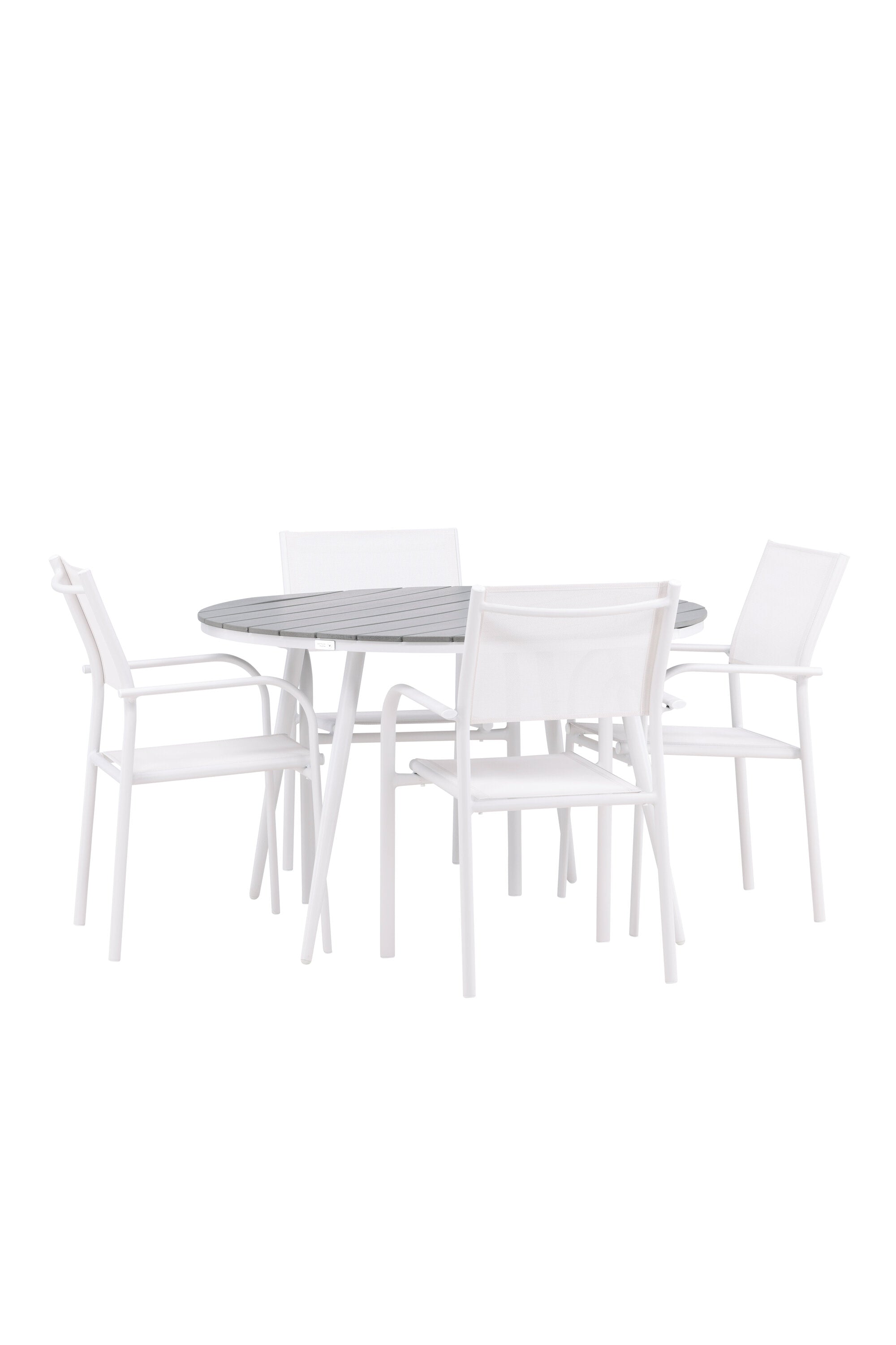 Break Gartentisch Round + 4 x Santorini Arm Stuhl (stapelbar) in Grau Weiss präsentiert im Onlineshop von KAQTU Design AG. Gartentischset ist von Venture Home