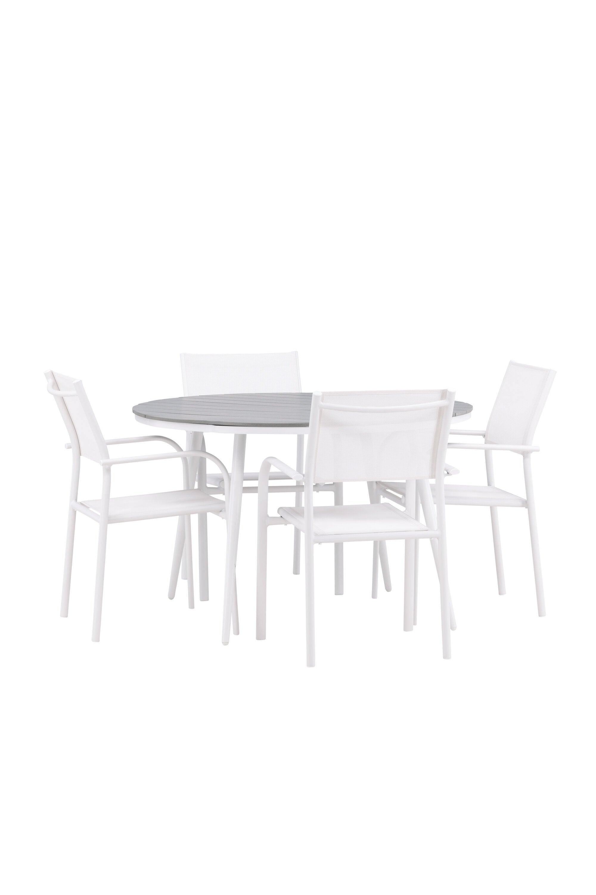 Break Gartentisch Round + 4 x Santorini Arm Stuhl (stapelbar) in Grau Weiss präsentiert im Onlineshop von KAQTU Design AG. Gartentischset ist von Venture Home