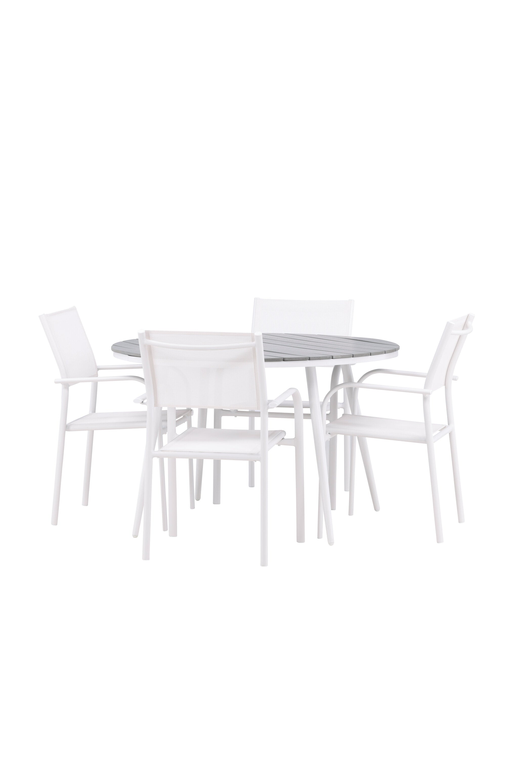 Break Gartentisch Round + 4 x Santorini Arm Stuhl (stapelbar) in Grau Weiss präsentiert im Onlineshop von KAQTU Design AG. Gartentischset ist von Venture Home
