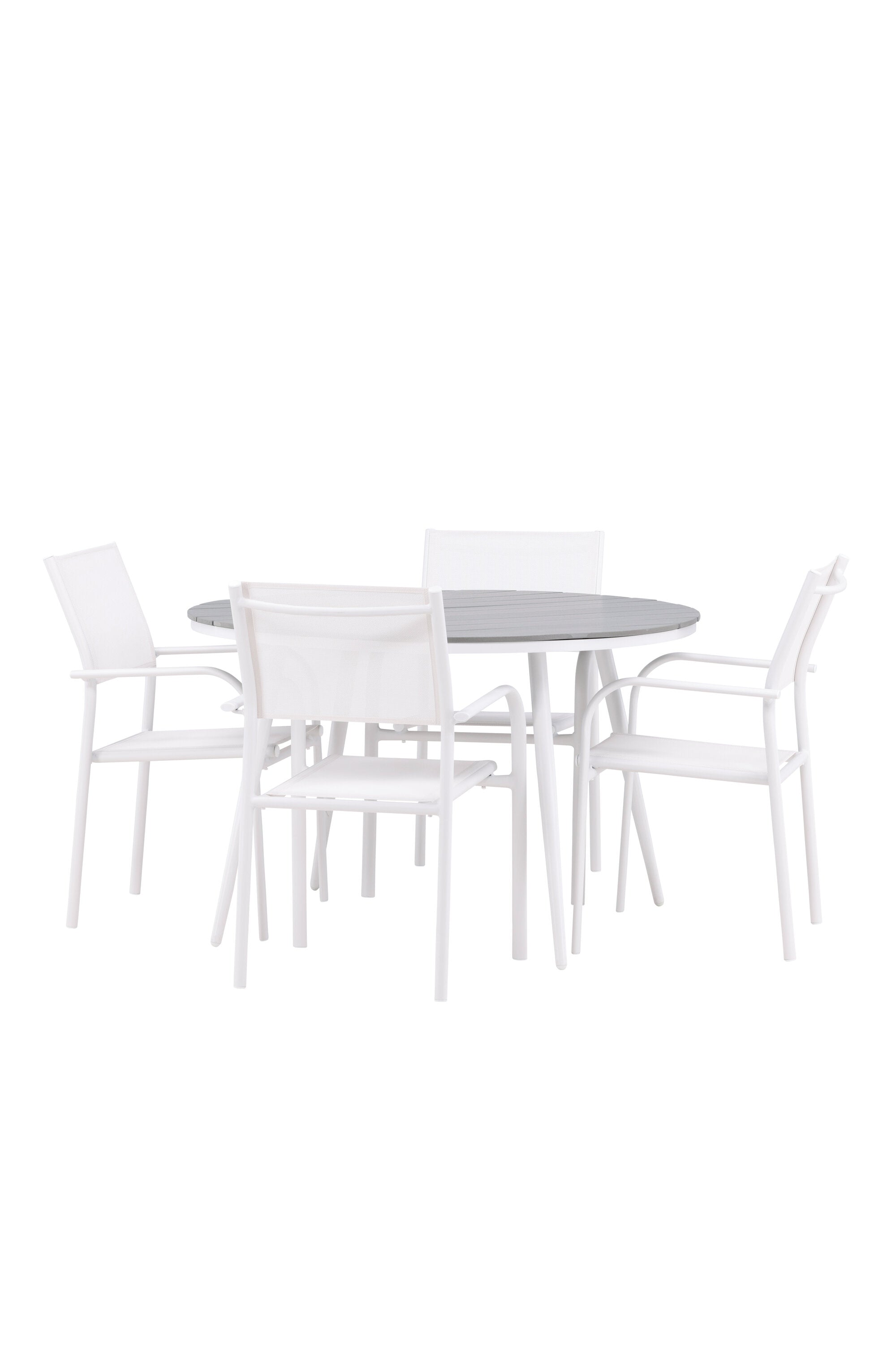 Break Gartentisch Round + 4 x Santorini Arm Stuhl (stapelbar) in Grau Weiss präsentiert im Onlineshop von KAQTU Design AG. Gartentischset ist von Venture Home