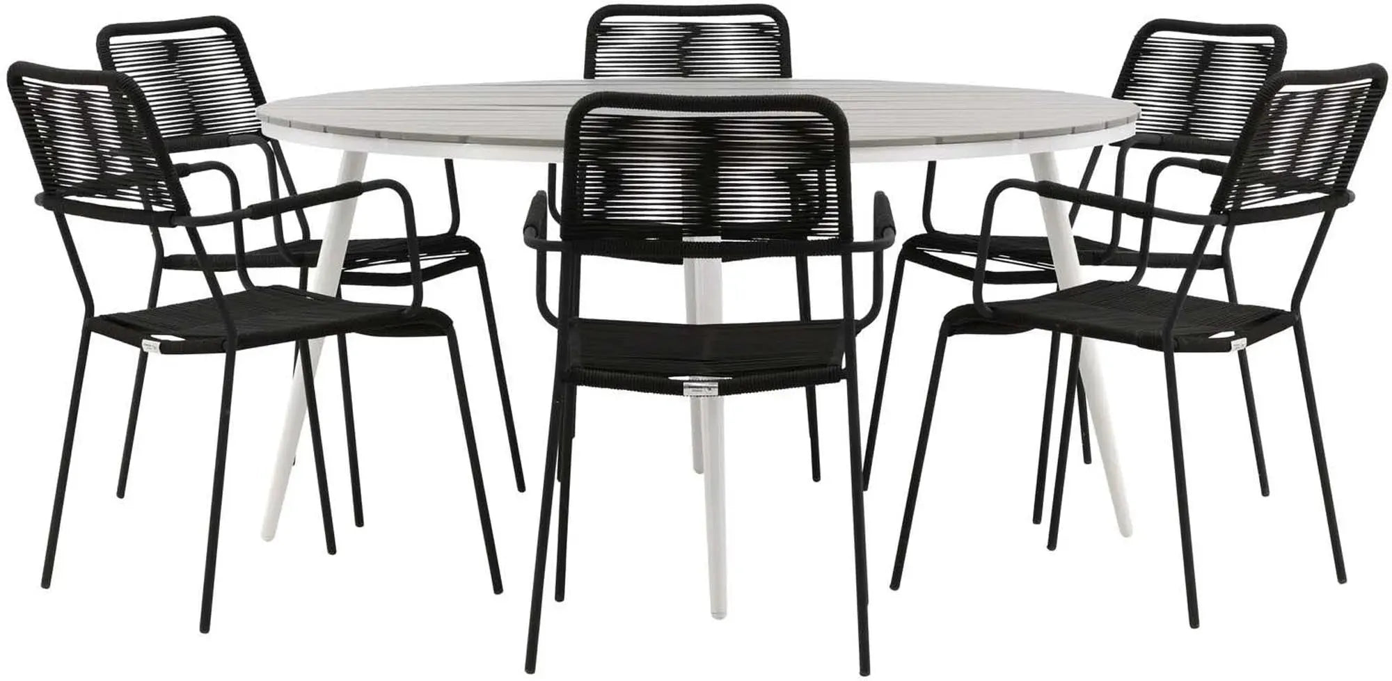Stilvolles Outdoor-Tischset: Robustes Aintwood, elegantes Aluminium, bequeme Lindos Stühle für 4 Personen.