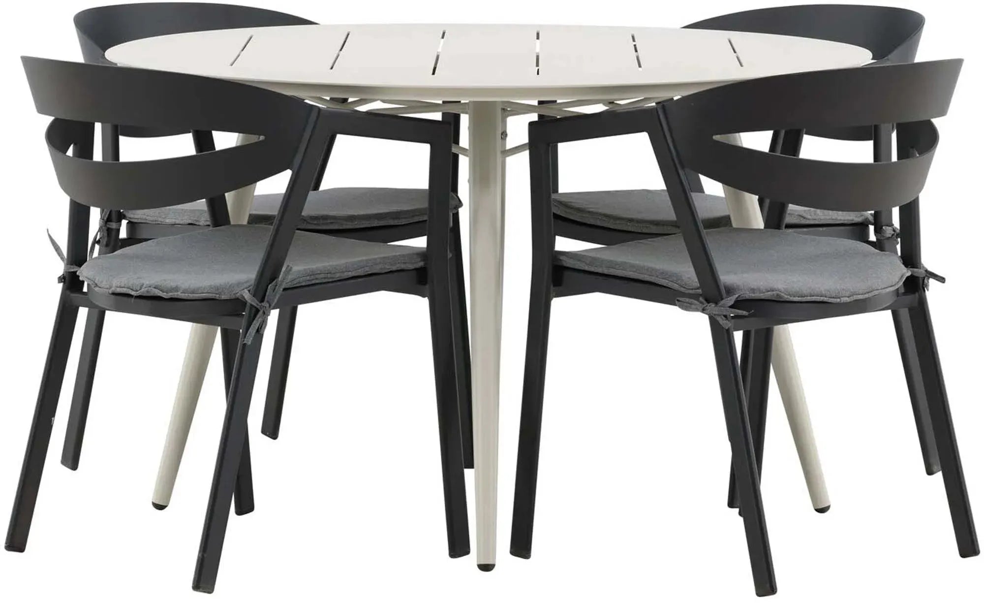 Stilvolles Lina Outdoor-Tischset: Robuster 120cm Alu-Tisch & 4 bequeme Stühle mit grauen Kissen für gesellige Abende.