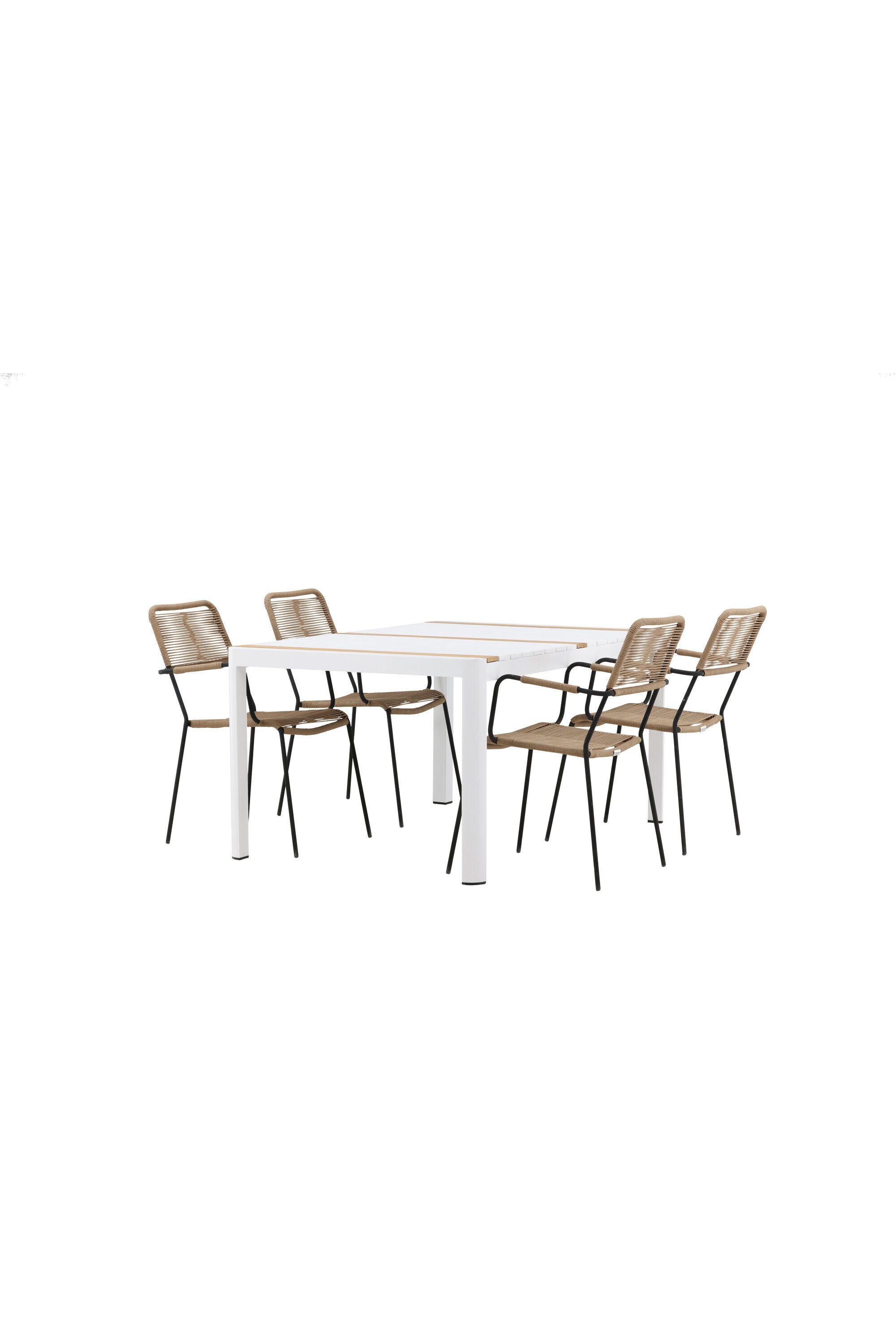 Togo Outdoor-Tischset + Lindos Armchair 150cm/4St. in Weiss / Natur präsentiert im Onlineshop von KAQTU Design AG. Gartentischset ist von Venture Home