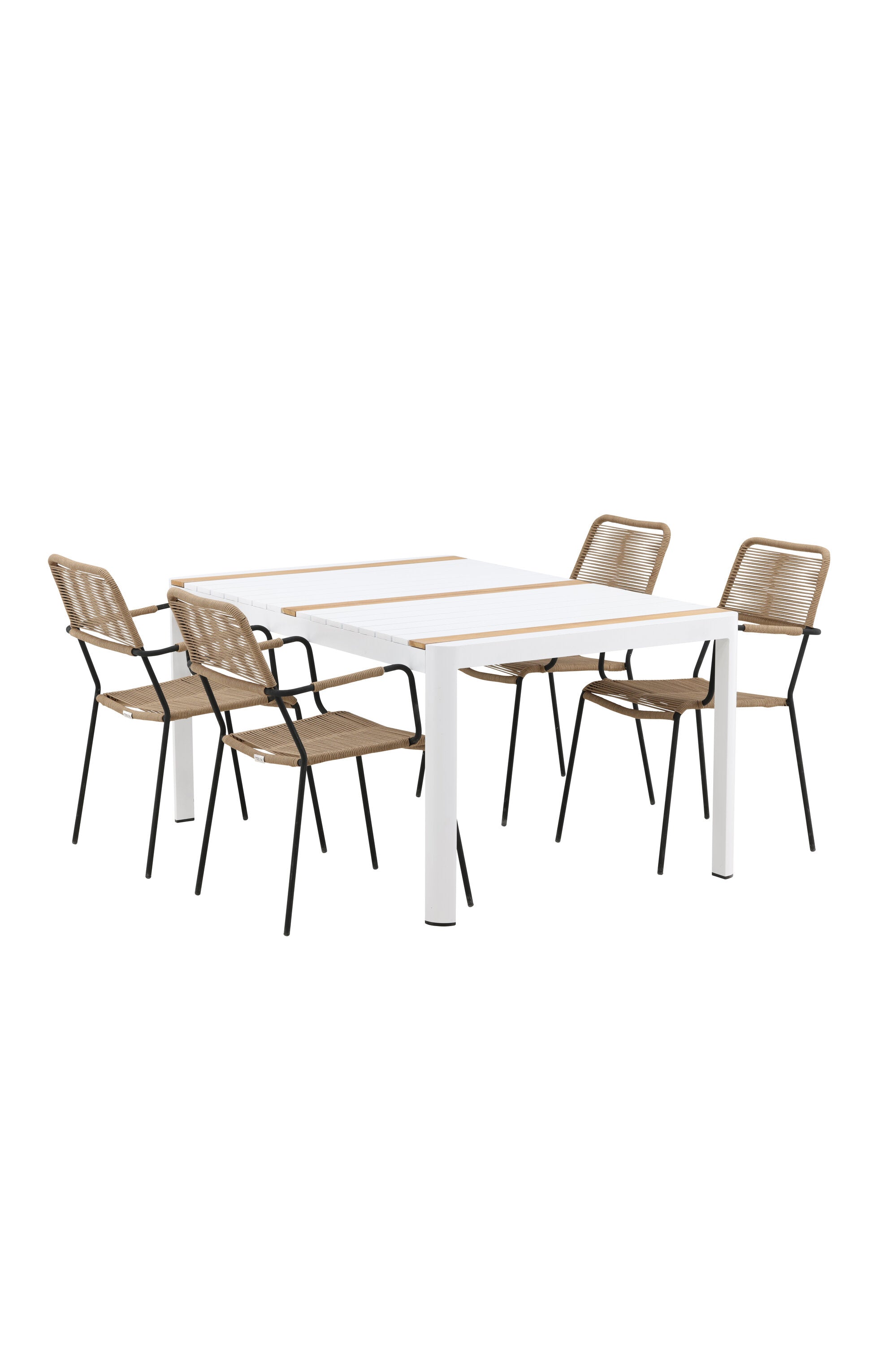 Togo Outdoor-Tischset + Lindos Armchair 150cm/4St. in Weiss / Natur präsentiert im Onlineshop von KAQTU Design AG. Gartentischset ist von Venture Home