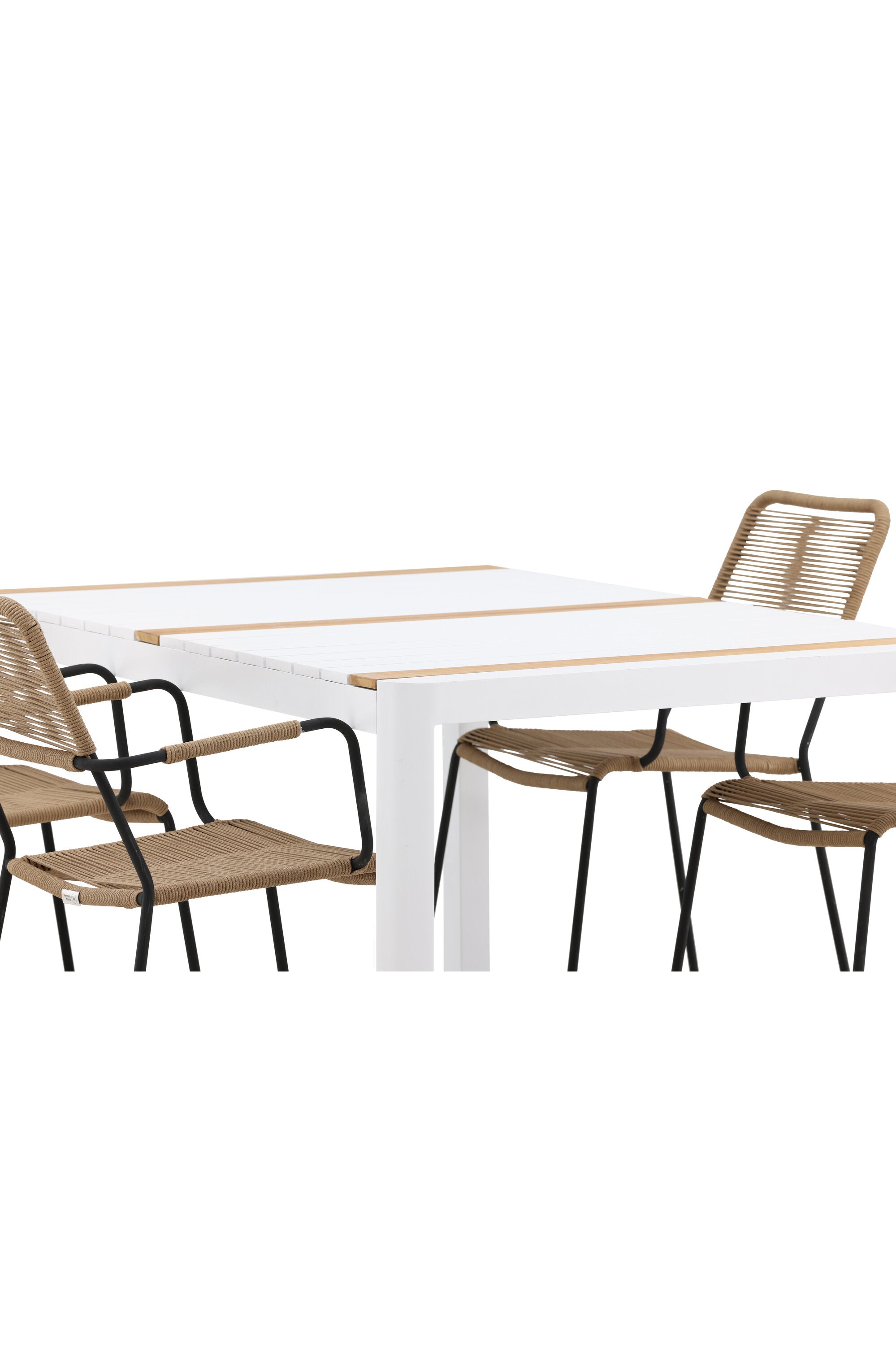 Togo Outdoor-Tischset + Lindos Armchair 150cm/4St. in Weiss / Natur präsentiert im Onlineshop von KAQTU Design AG. Gartentischset ist von Venture Home