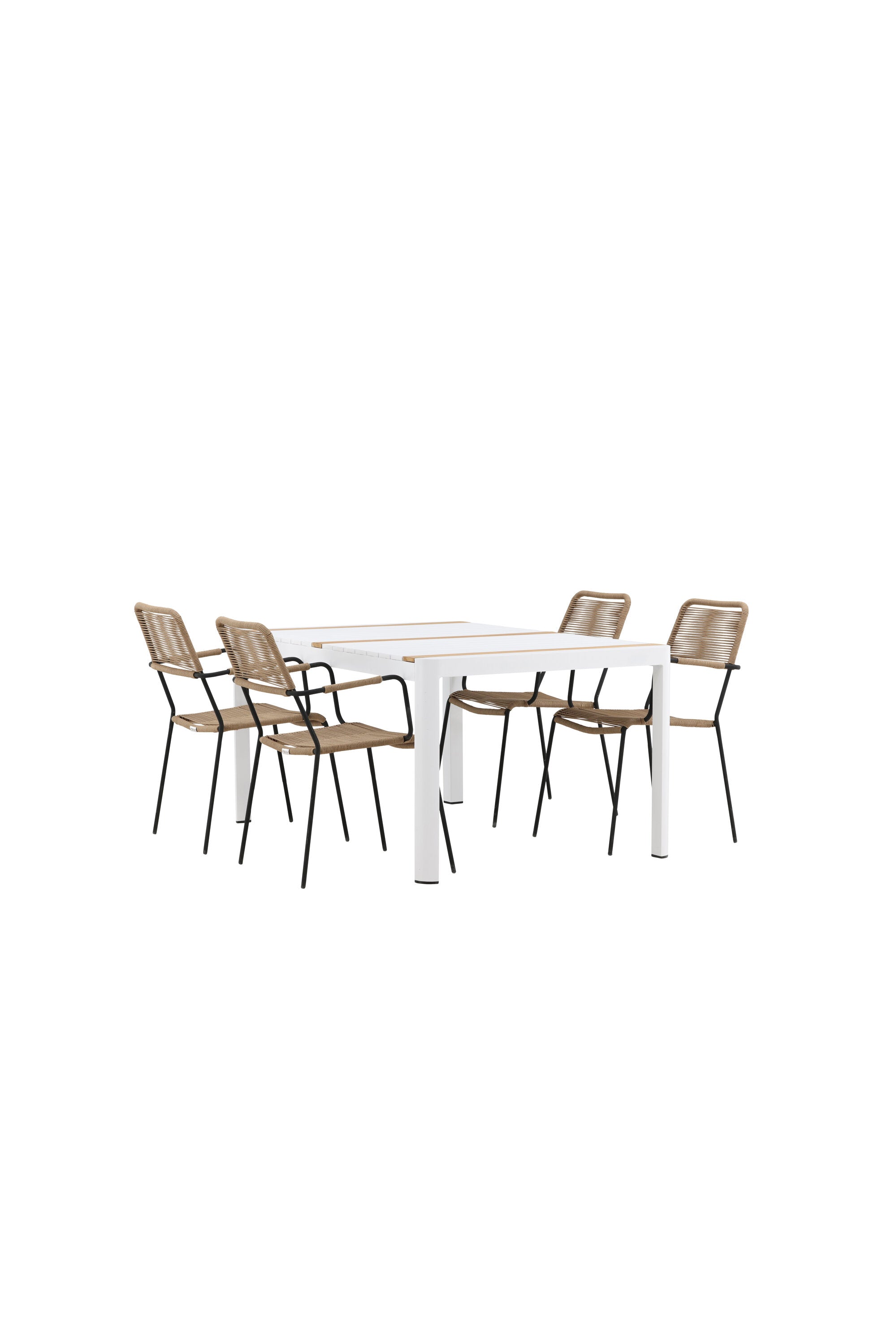 Togo Outdoor-Tischset + Lindos Armchair 150cm/4St. in Weiss / Natur präsentiert im Onlineshop von KAQTU Design AG. Gartentischset ist von Venture Home