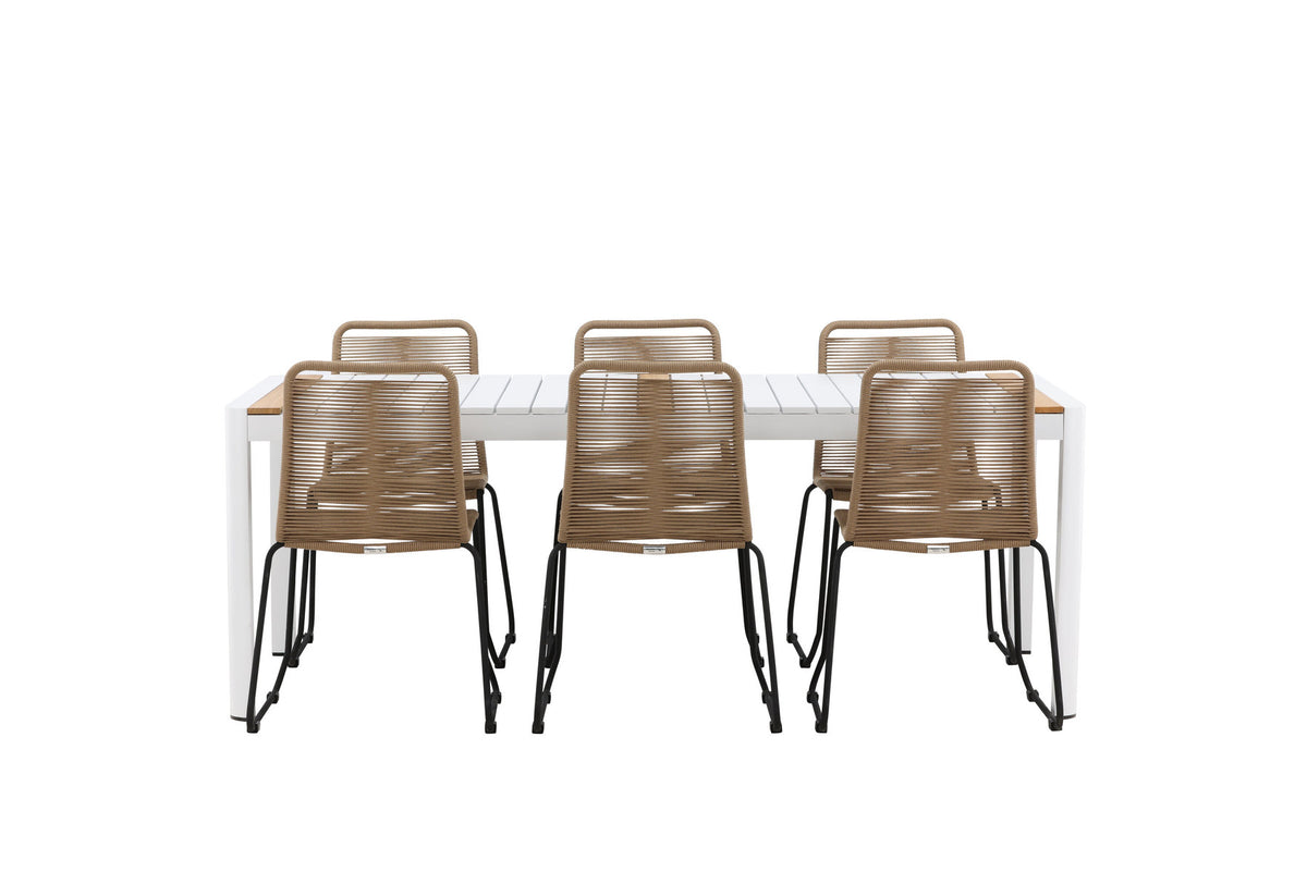 Togo Outdoor-Tischset + Lindos 200cm/6St. in Weiss / Natur präsentiert im Onlineshop von KAQTU Design AG. Gartentischset ist von Venture Home
