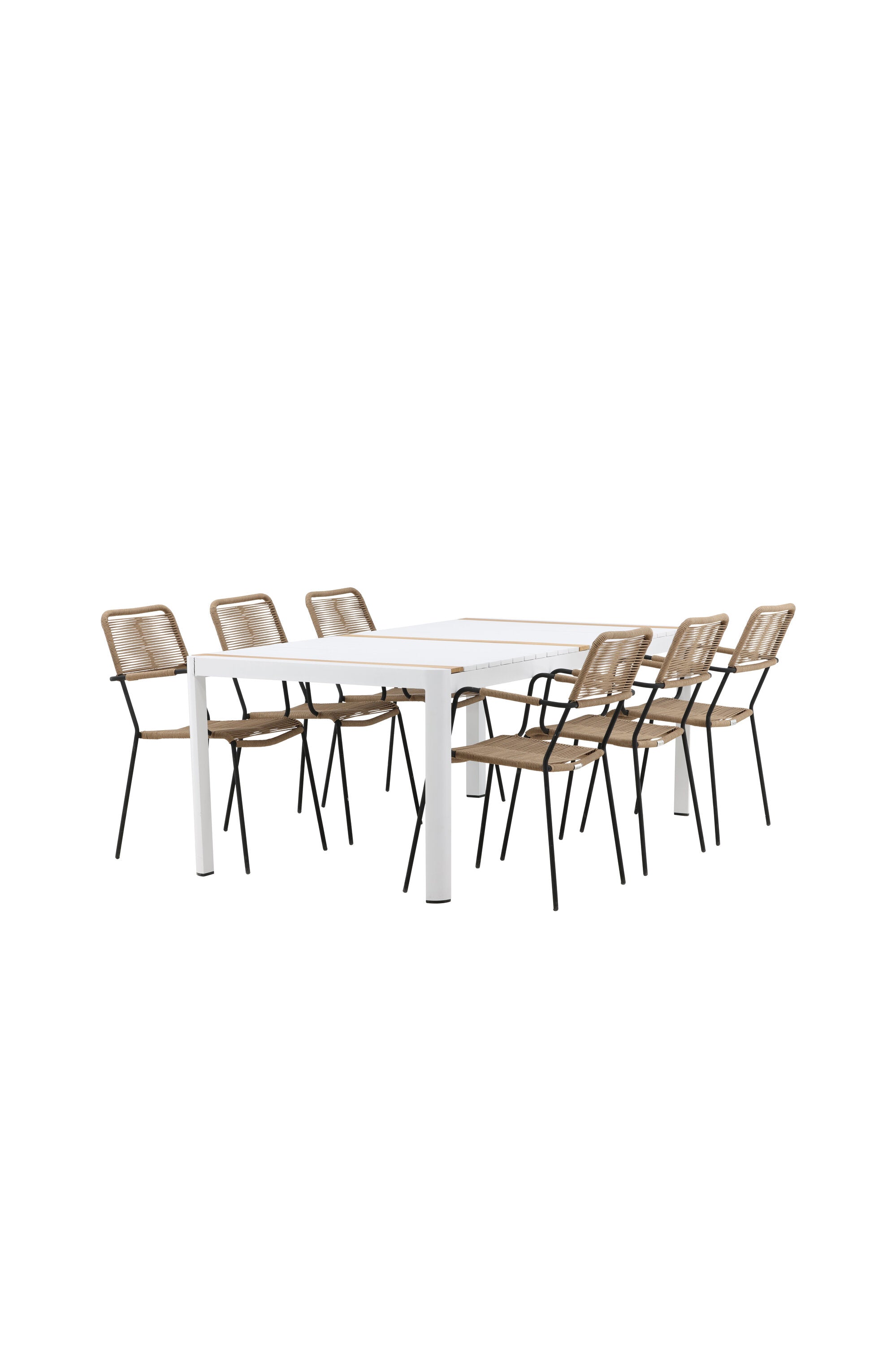 Togo Outdoor-Tischset + Lindos Armchair 200cm/6St. in Weiss / Natur präsentiert im Onlineshop von KAQTU Design AG. Gartentischset ist von Venture Home