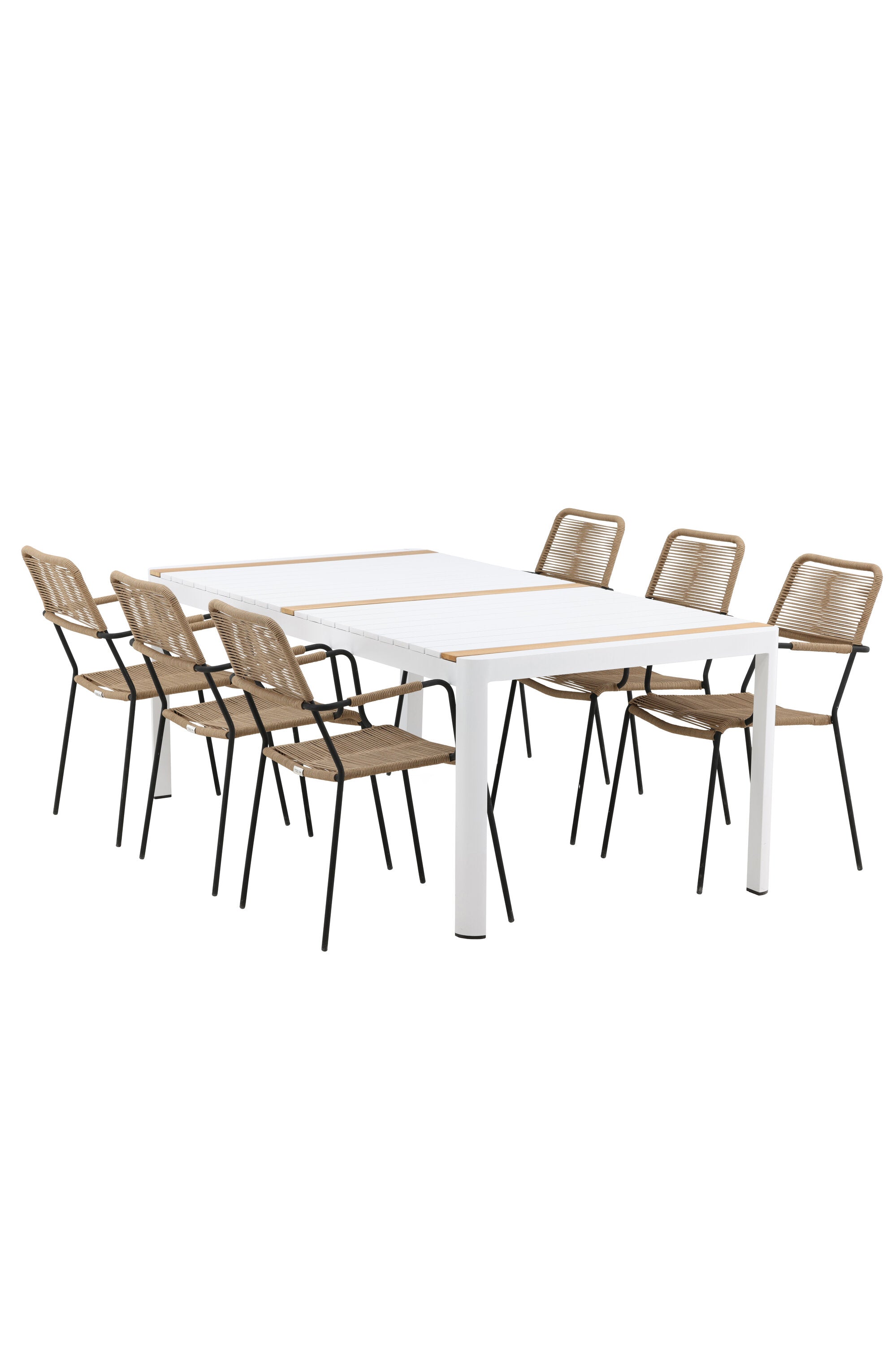 Togo Outdoor-Tischset + Lindos Armchair 200cm/6St. in Weiss / Natur präsentiert im Onlineshop von KAQTU Design AG. Gartentischset ist von Venture Home