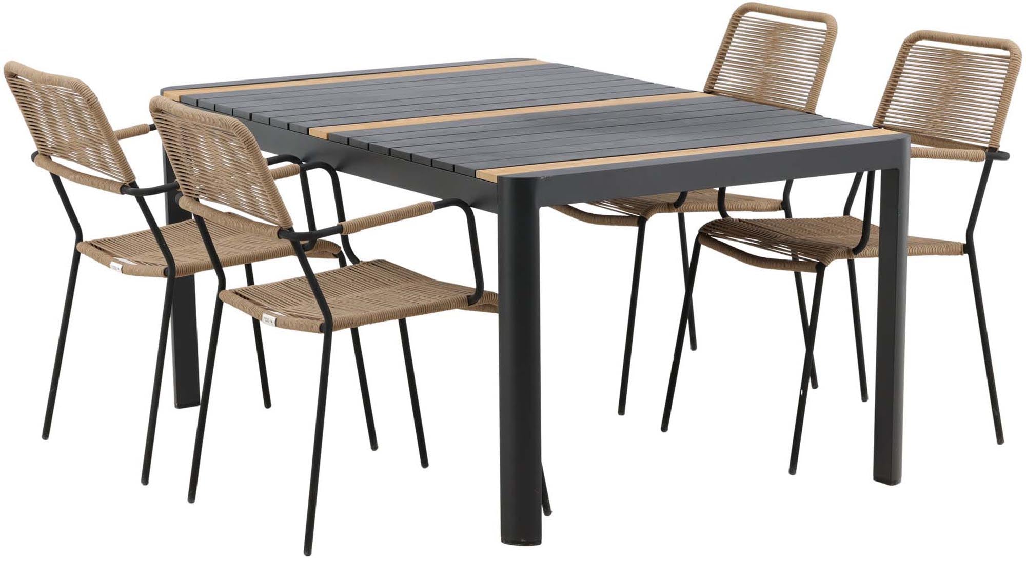 Elegantes Togo Outdoor-Tischset mit 150 cm Tisch und 4 komfortablen Lindos Armchairs. Ideal für entspannte Momente im Freien!