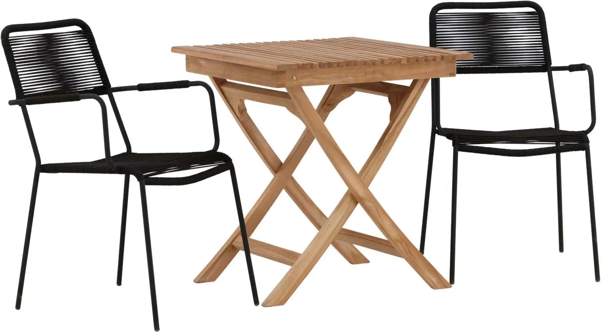 Elegantes Ghana Outdoor-Tischset mit klappbarem Teakholz-Cafétisch und komfortablen Lindos Armchairs aus Aluminium und Seil. Ideal für Garten und Terrasse.