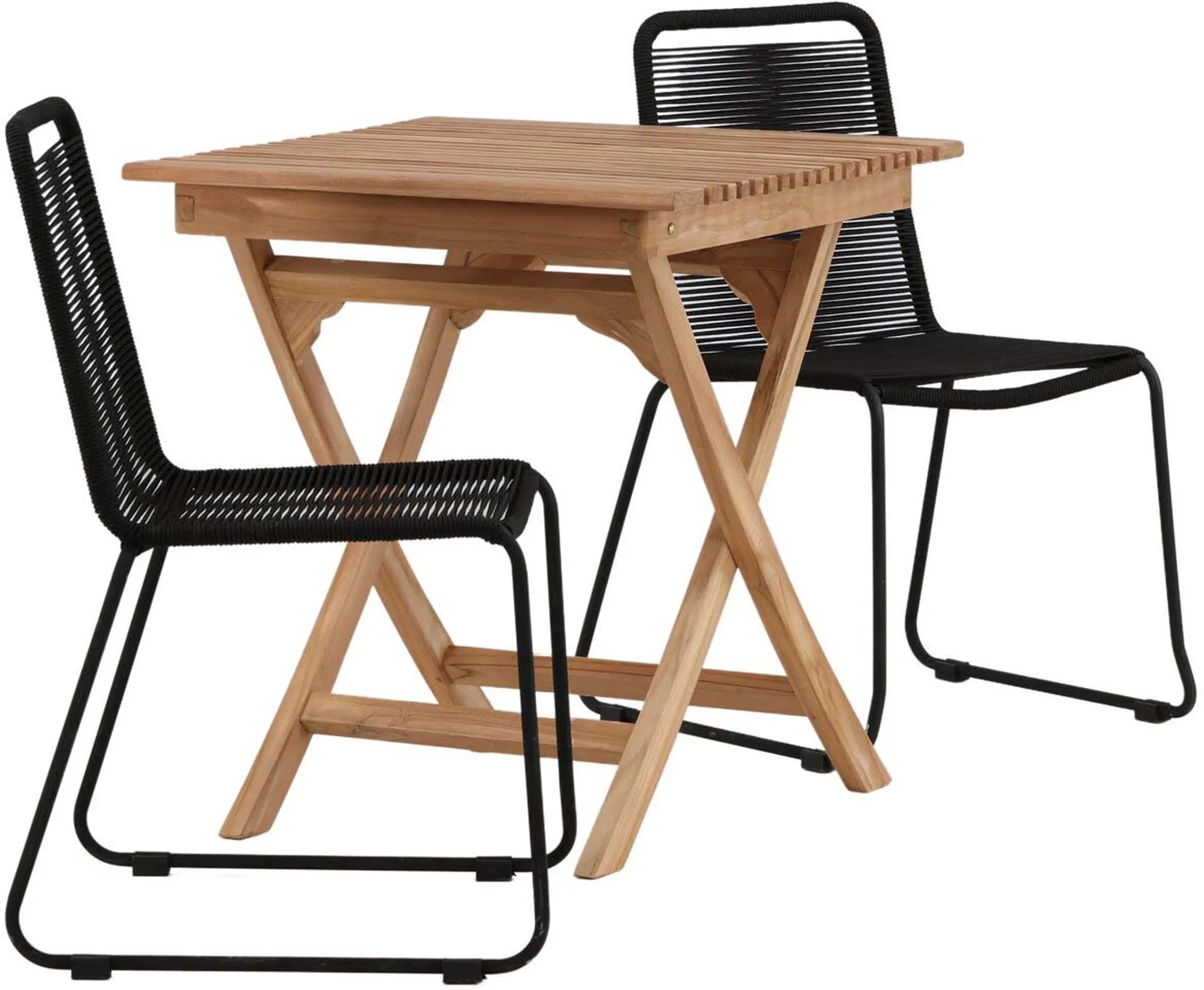 Robustes Teak-Tischset mit 2 platzsparenden Lindos Stühlen.