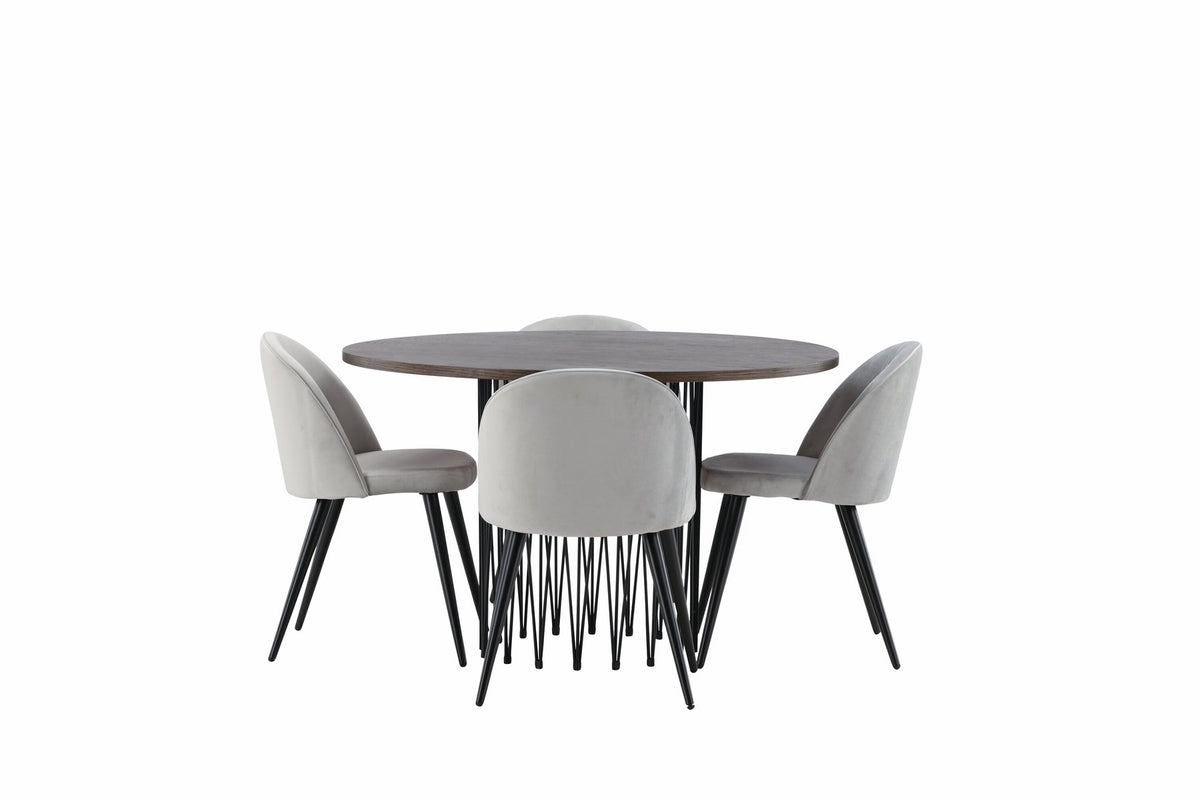 Rundes Esszimmerset mit Steinlook-Tisch aus MDF und Mocca-Furnier, schwarzem Metallgestell und vier Limhamn-Stühlen mit beigem Samtbezug.