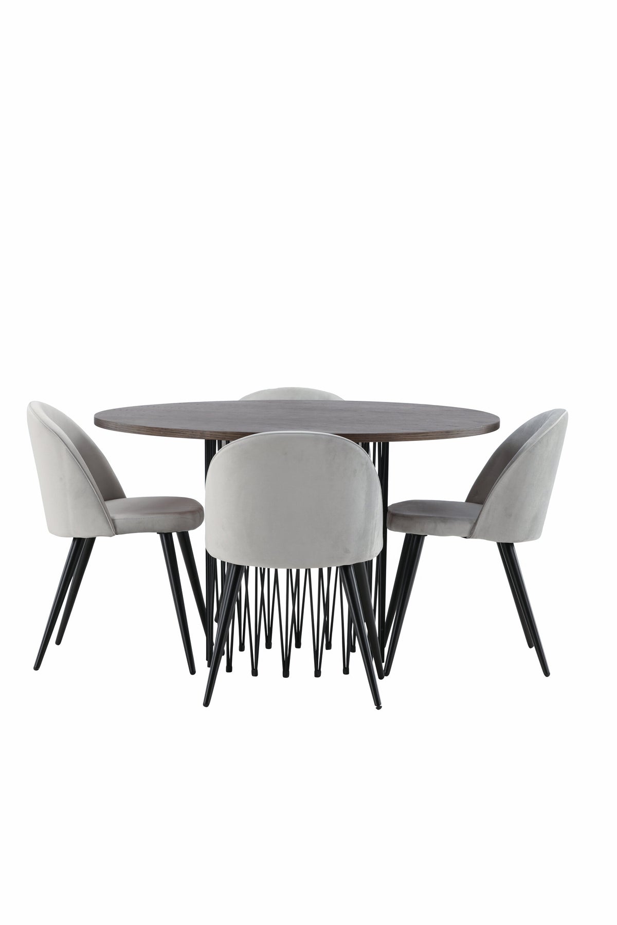 Rundes Esszimmerset mit Steinlook-Tisch aus MDF und Mocca-Furnier, schwarzem Metallgestell und vier Limhamn-Stühlen mit beigem Samtbezug.