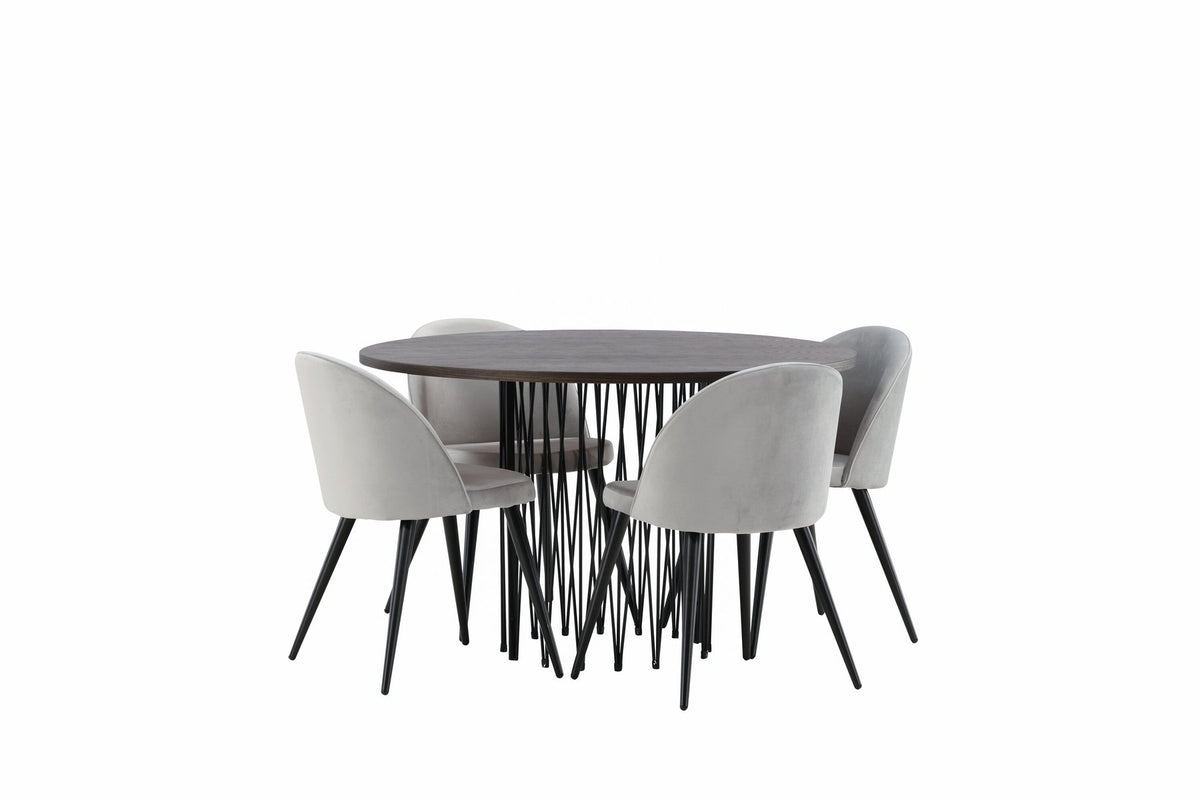 Rundes Esszimmerset mit Steinlook-Tisch aus MDF und Mocca-Furnier, schwarzem Metallgestell und vier Limhamn-Stühlen mit beigem Samtbezug.