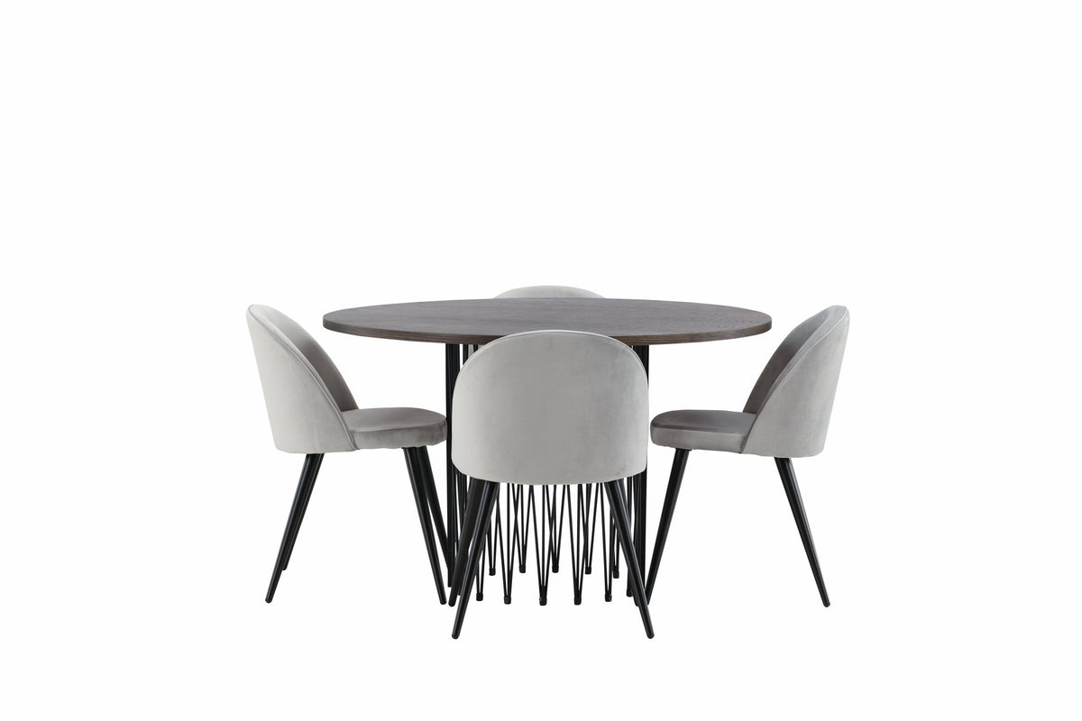 Rundes Esszimmerset mit Steinlook-Tisch aus MDF und Mocca-Furnier, schwarzem Metallgestell und vier Limhamn-Stühlen mit beigem Samtbezug.