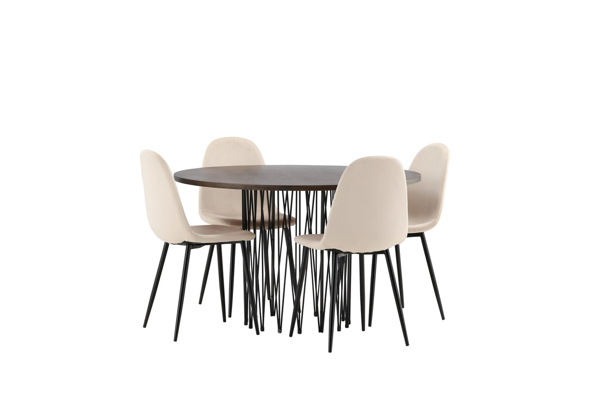 Rundes Esszimmerset mit Steinlook-Tisch aus MDF und Mocca-Furnier, schwarzem Metallgestell und vier Limhamn-Stühlen mit beigem Samtbezug.