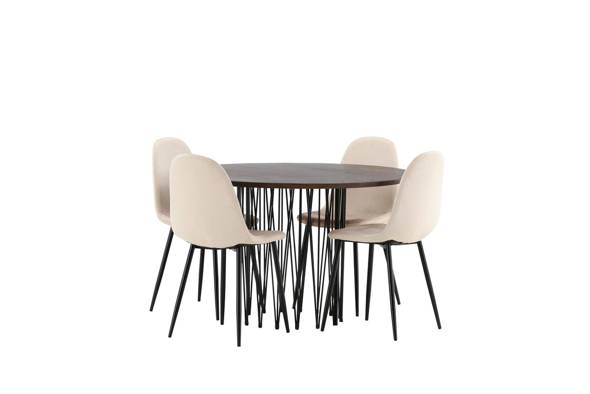 Rundes Esszimmerset mit Steinlook-Tisch aus MDF und Mocca-Furnier, schwarzem Metallgestell und vier Limhamn-Stühlen mit beigem Samtbezug.